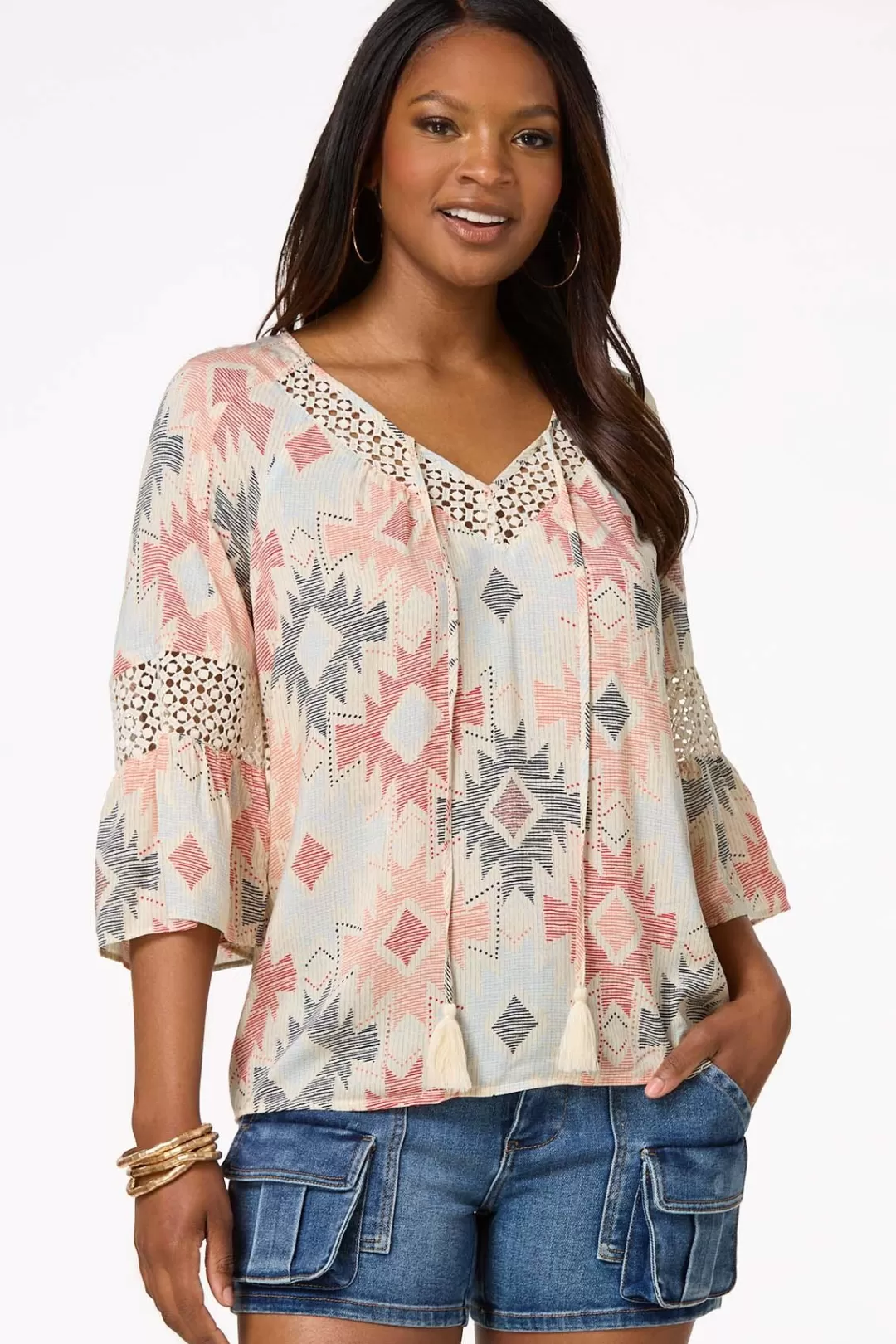 Cato Tops | Aztec Bell Sleeve Top