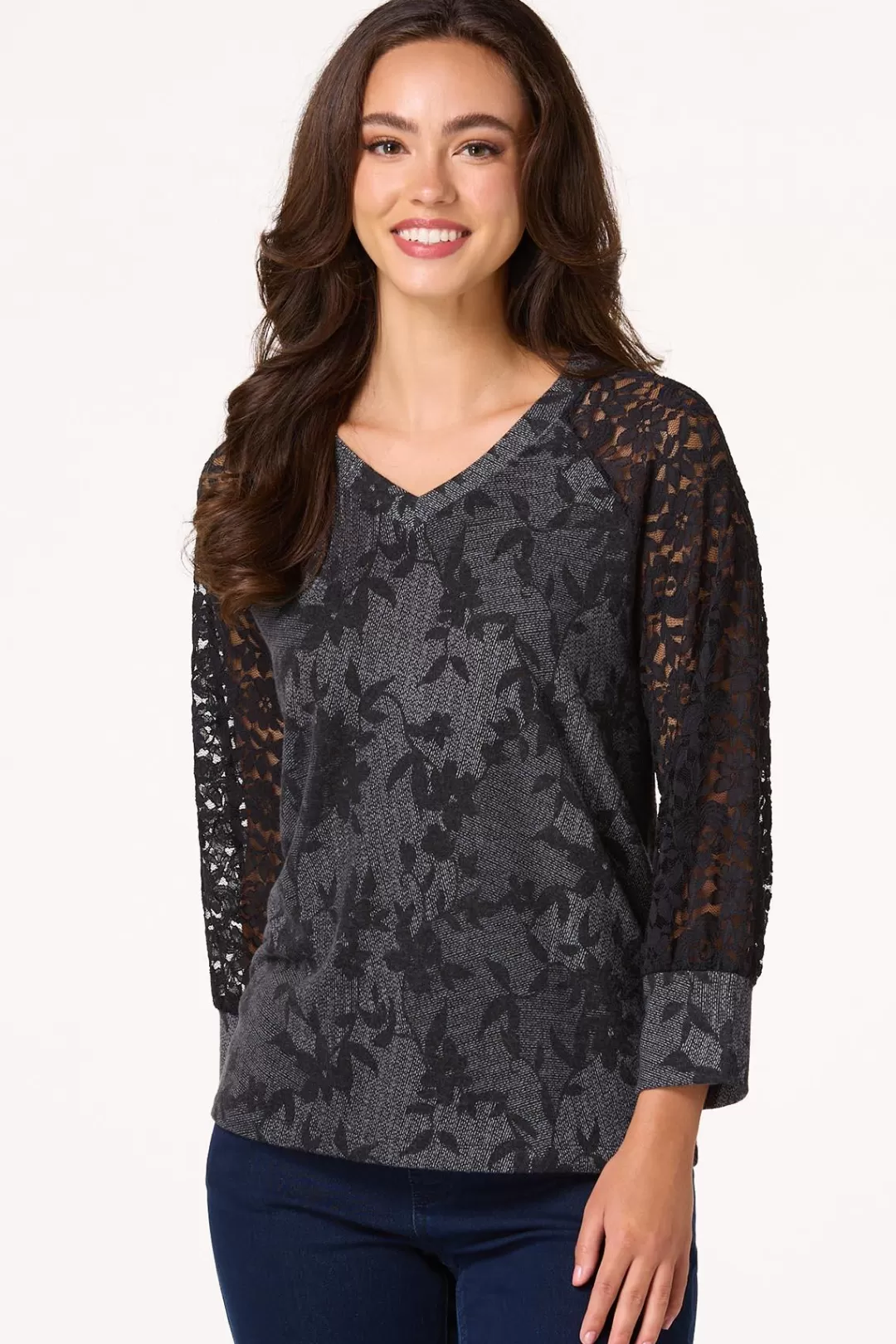 Cato Tops | Black Floral Lace Sleeve Top