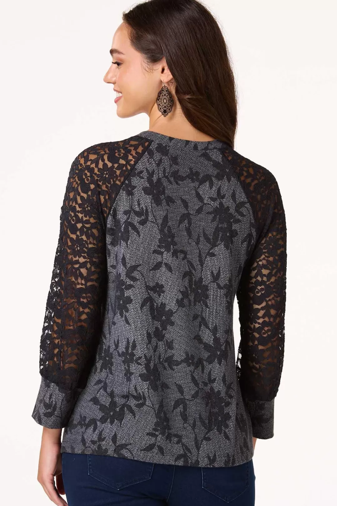 Cato Tops | Black Floral Lace Sleeve Top