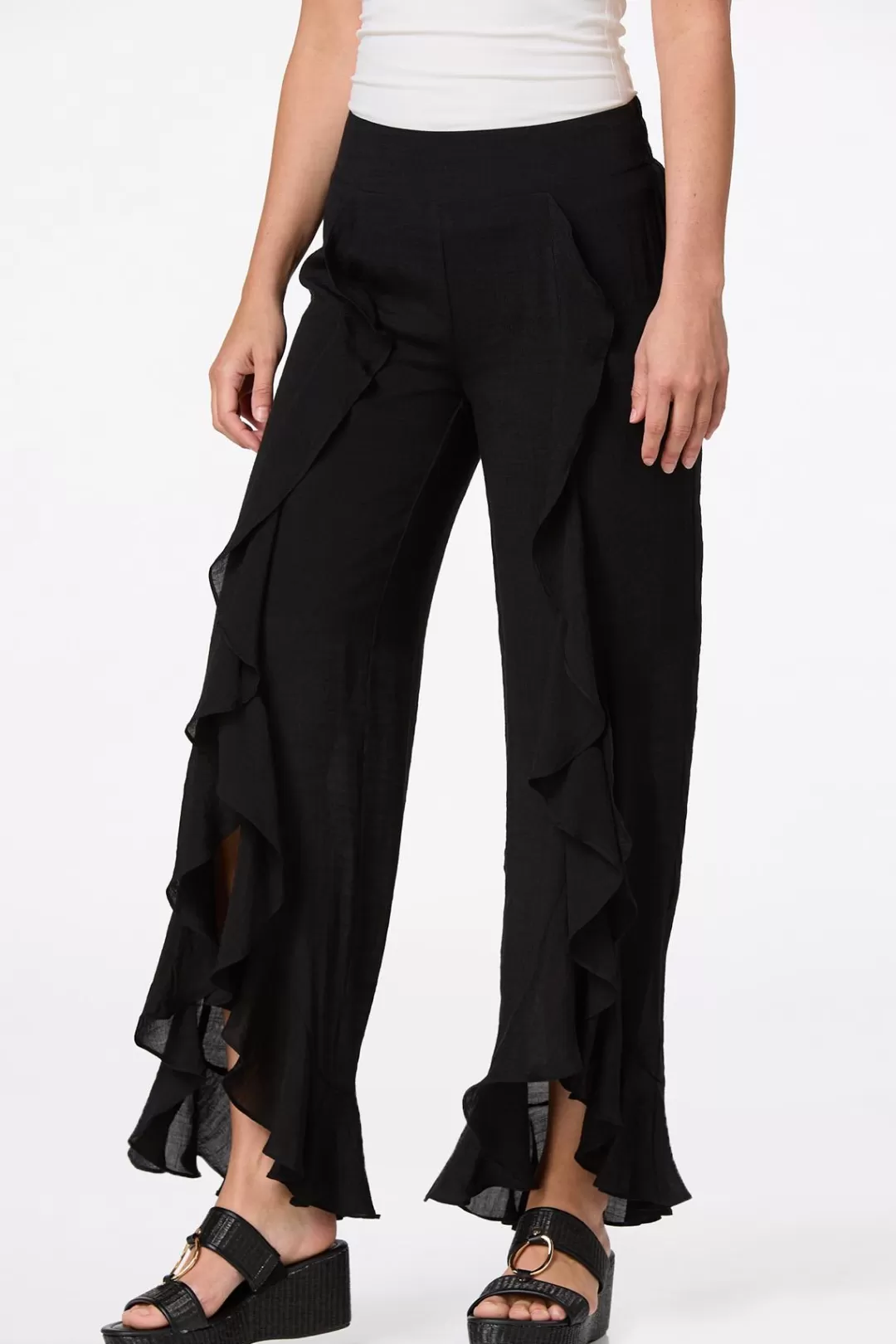 Cato Pants | Black Ruffled Front Pants