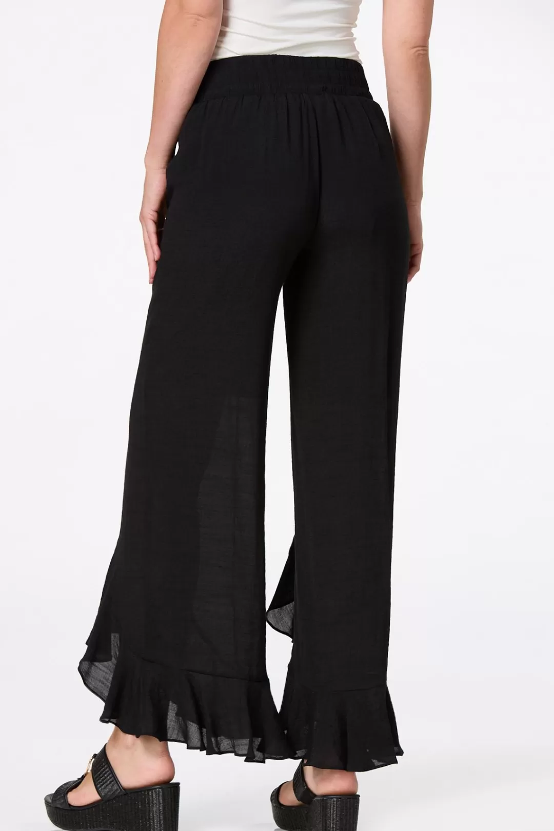 Cato Pants | Black Ruffled Front Pants