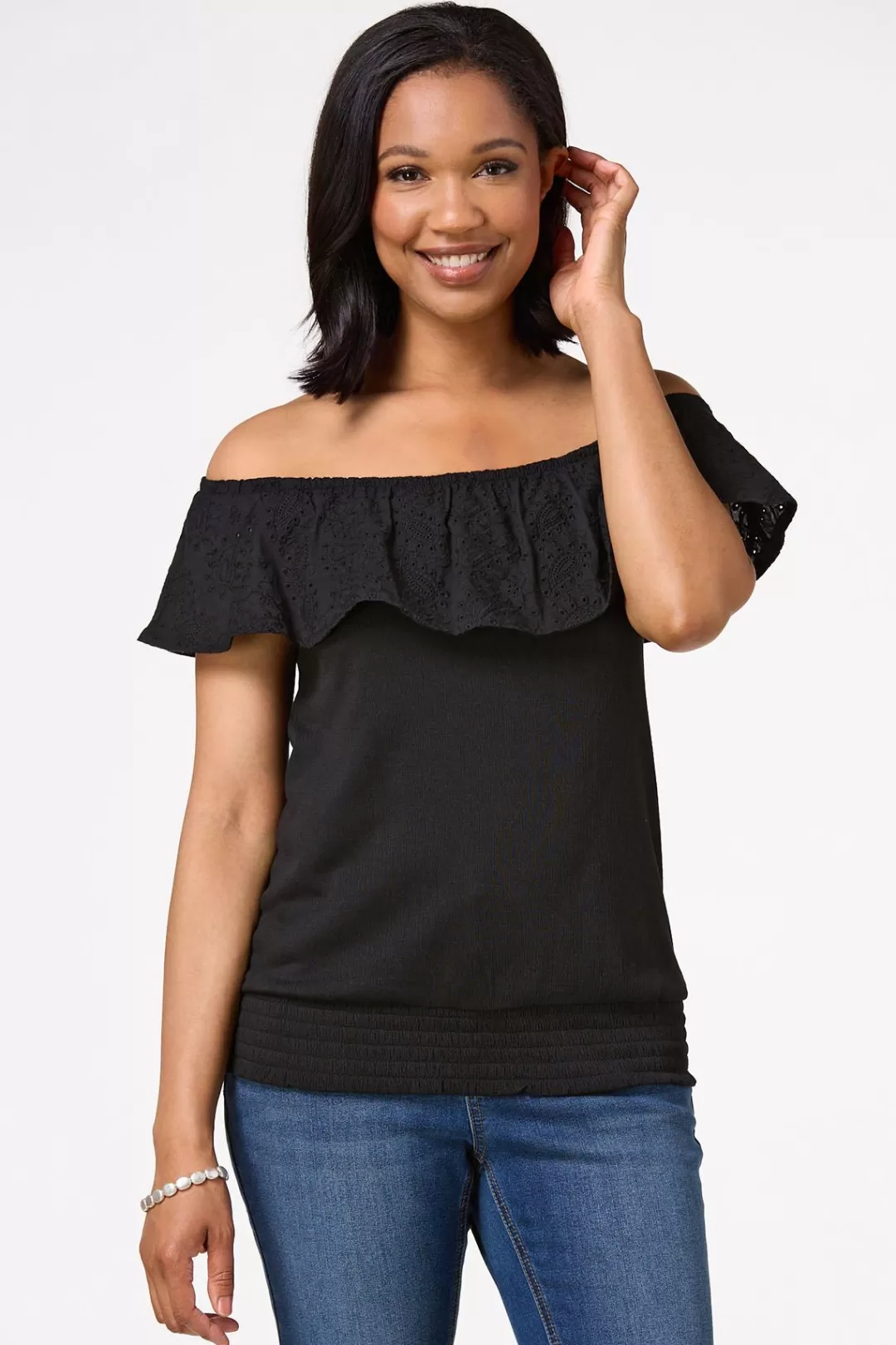 Cato Tops | Black Smocked Eyelet Top