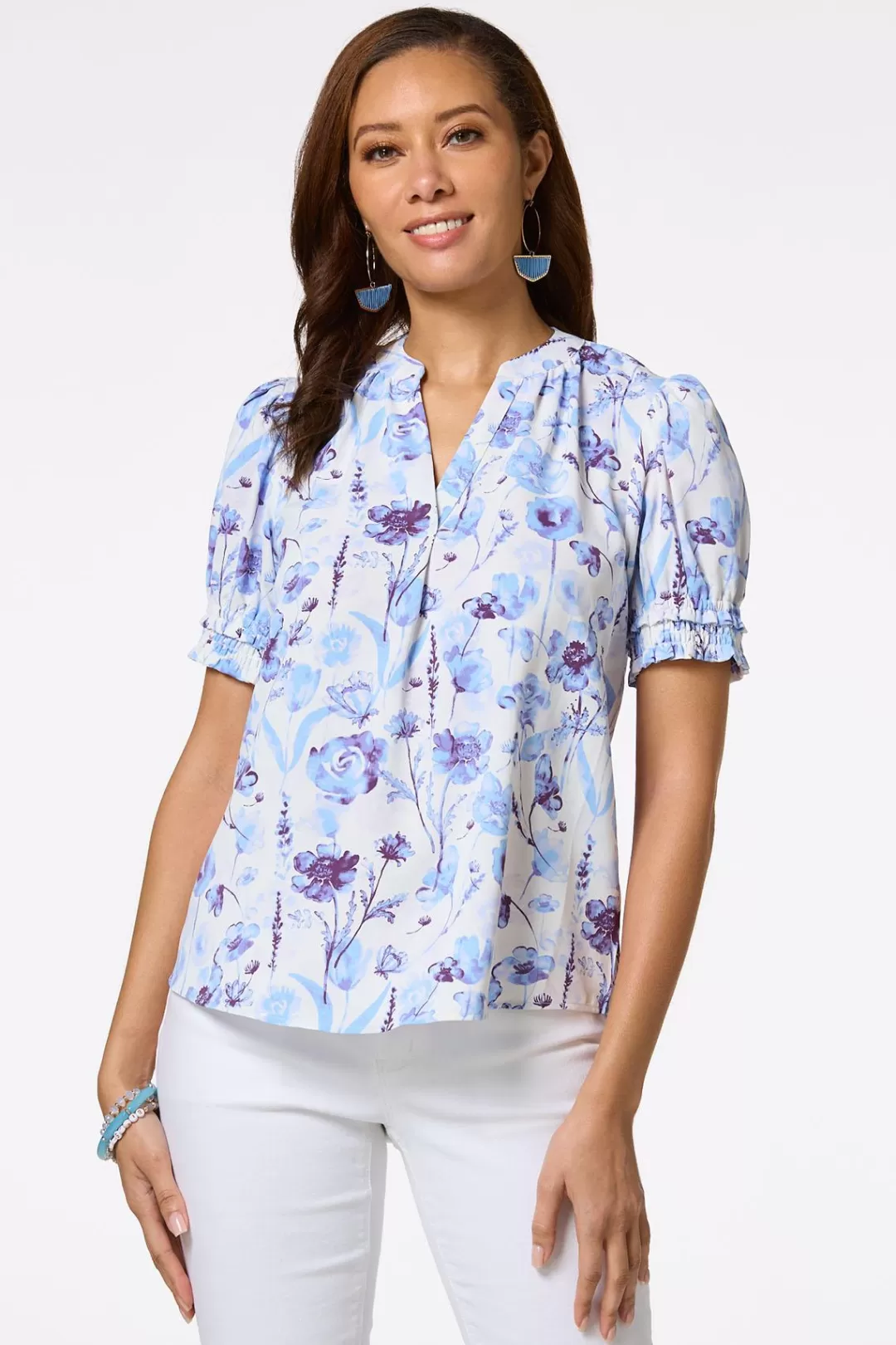 Cato Tops | Blue Floral Smocked Sleeve Top