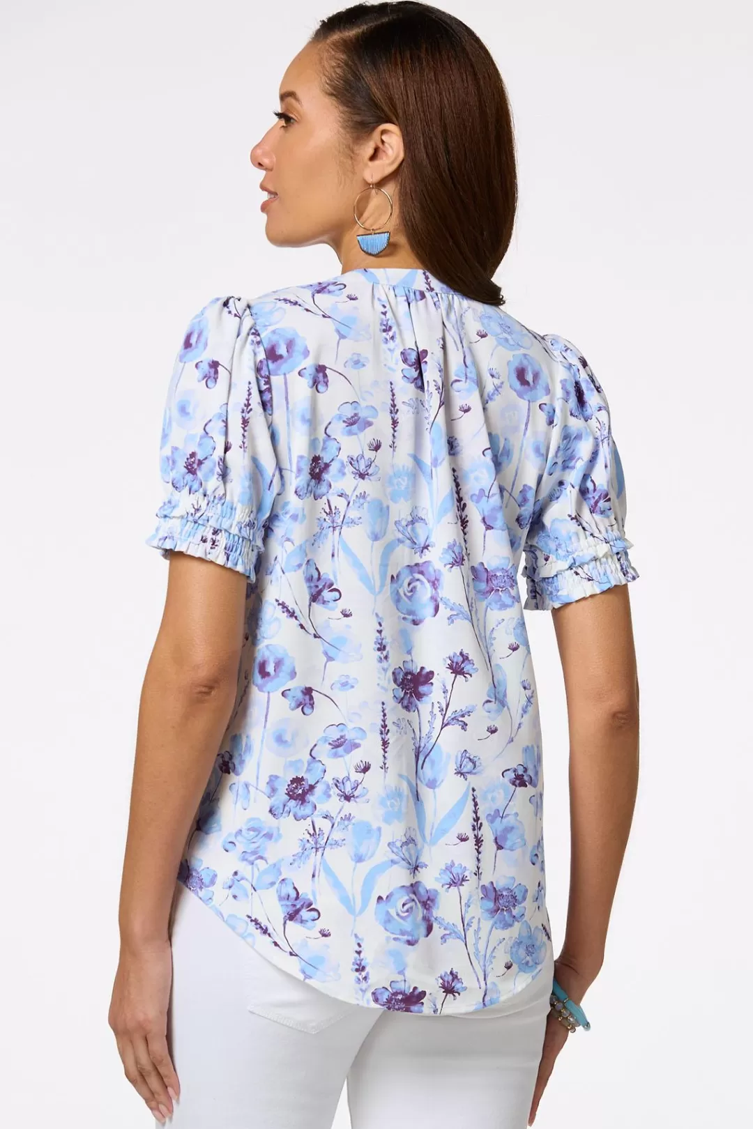 Cato Tops | Blue Floral Smocked Sleeve Top