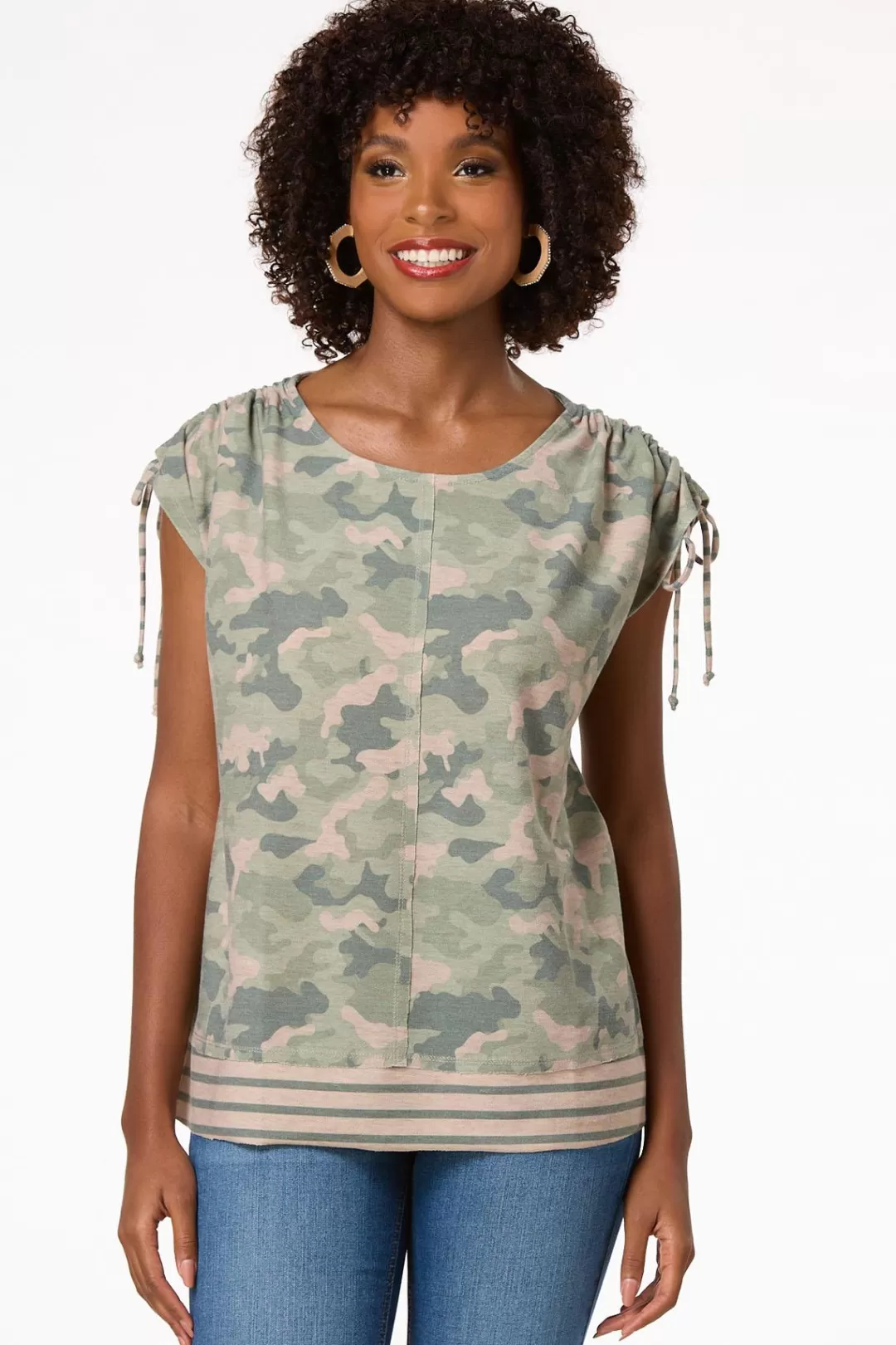 Cato Tops | Camo Ruched Sleeve Top