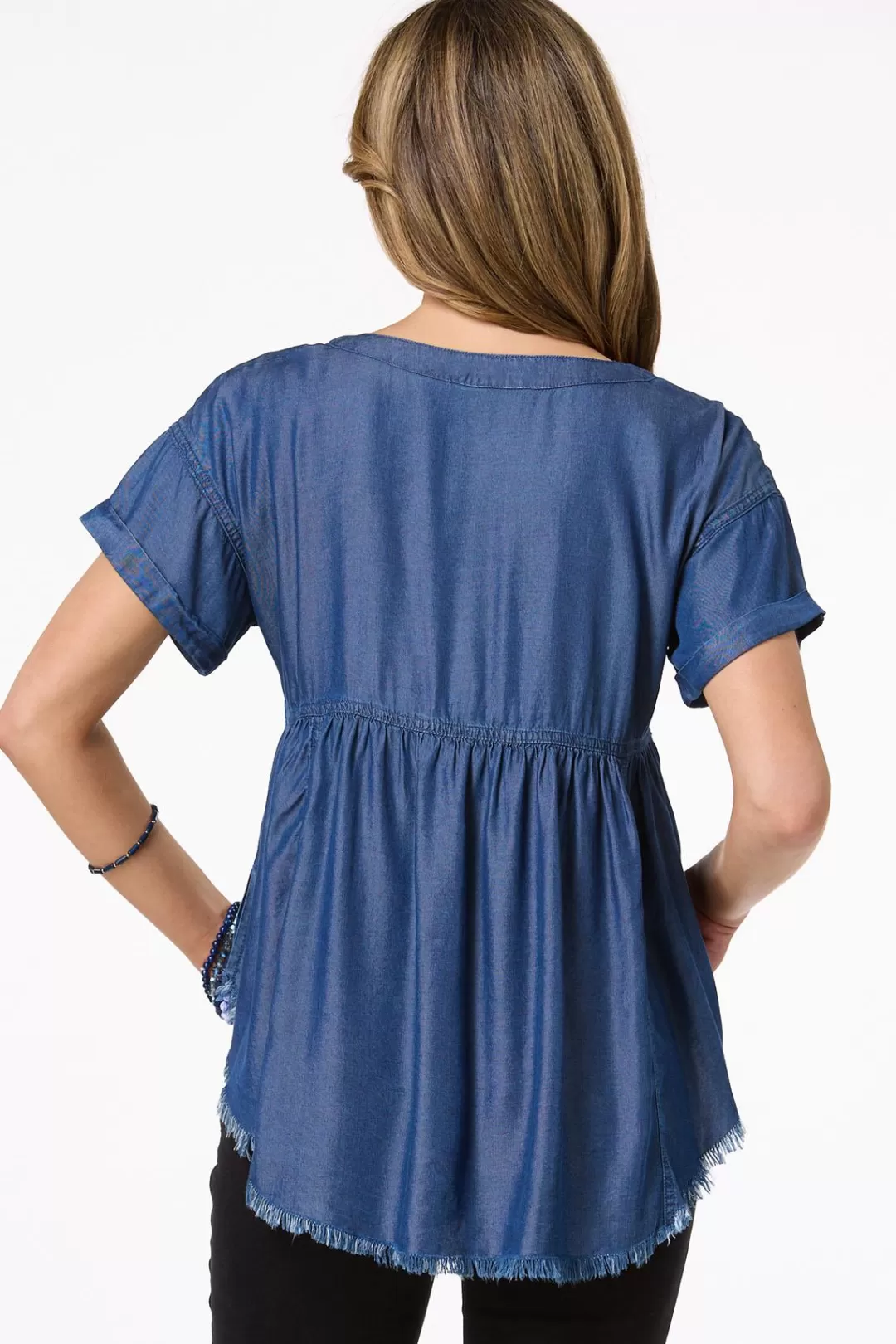 Cato Tops | Chambray Embroidered Babydoll Top