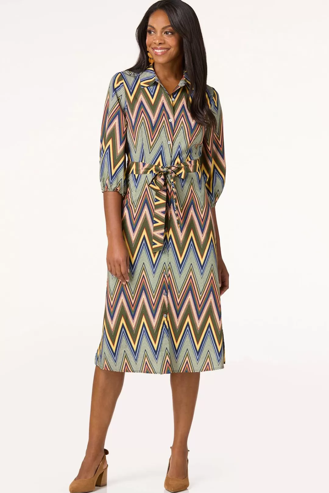 Cato Dresses | Chevron Tie Waist Shirt Dress