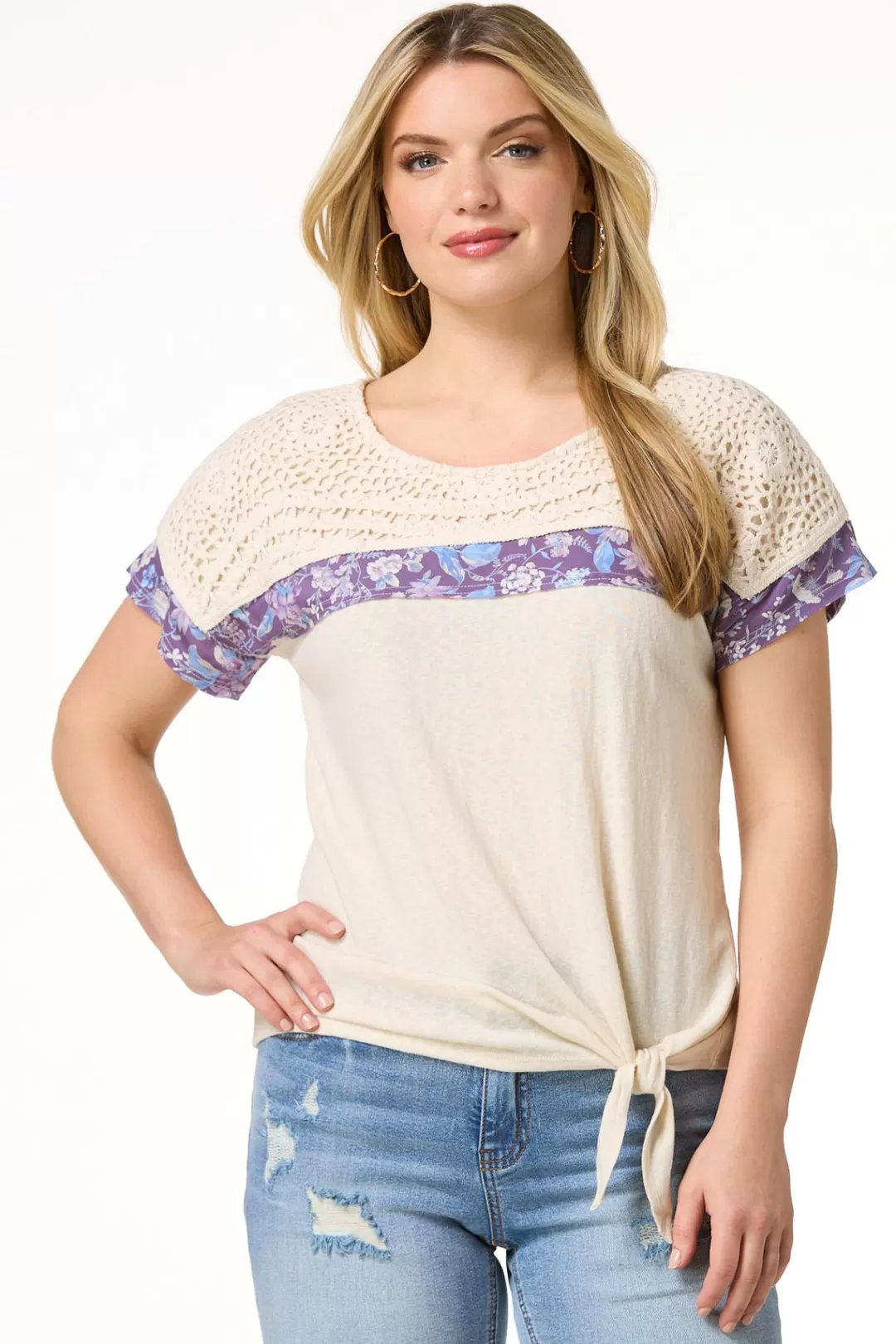 Cato Tops | Crochet Floral Tie Hem Top