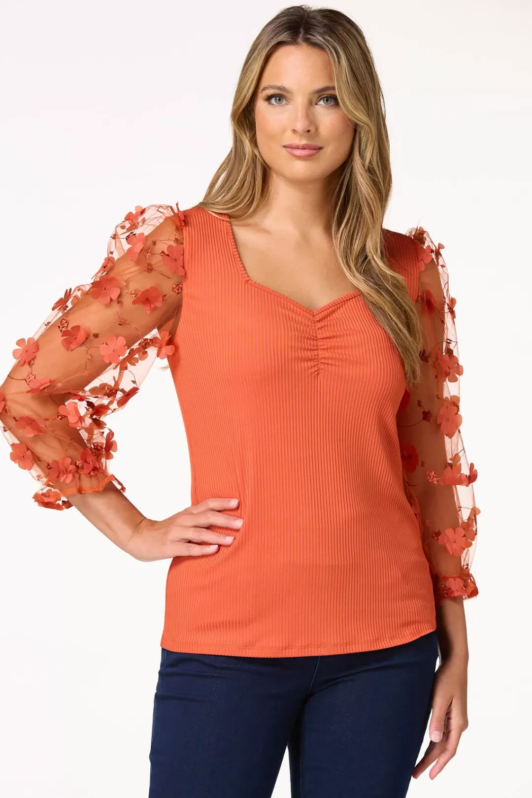 Cato Tops | 3d Floral Sleeve Ribbed Top