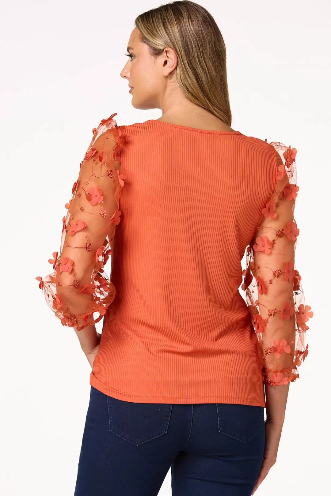 Cato Tops | 3d Floral Sleeve Ribbed Top