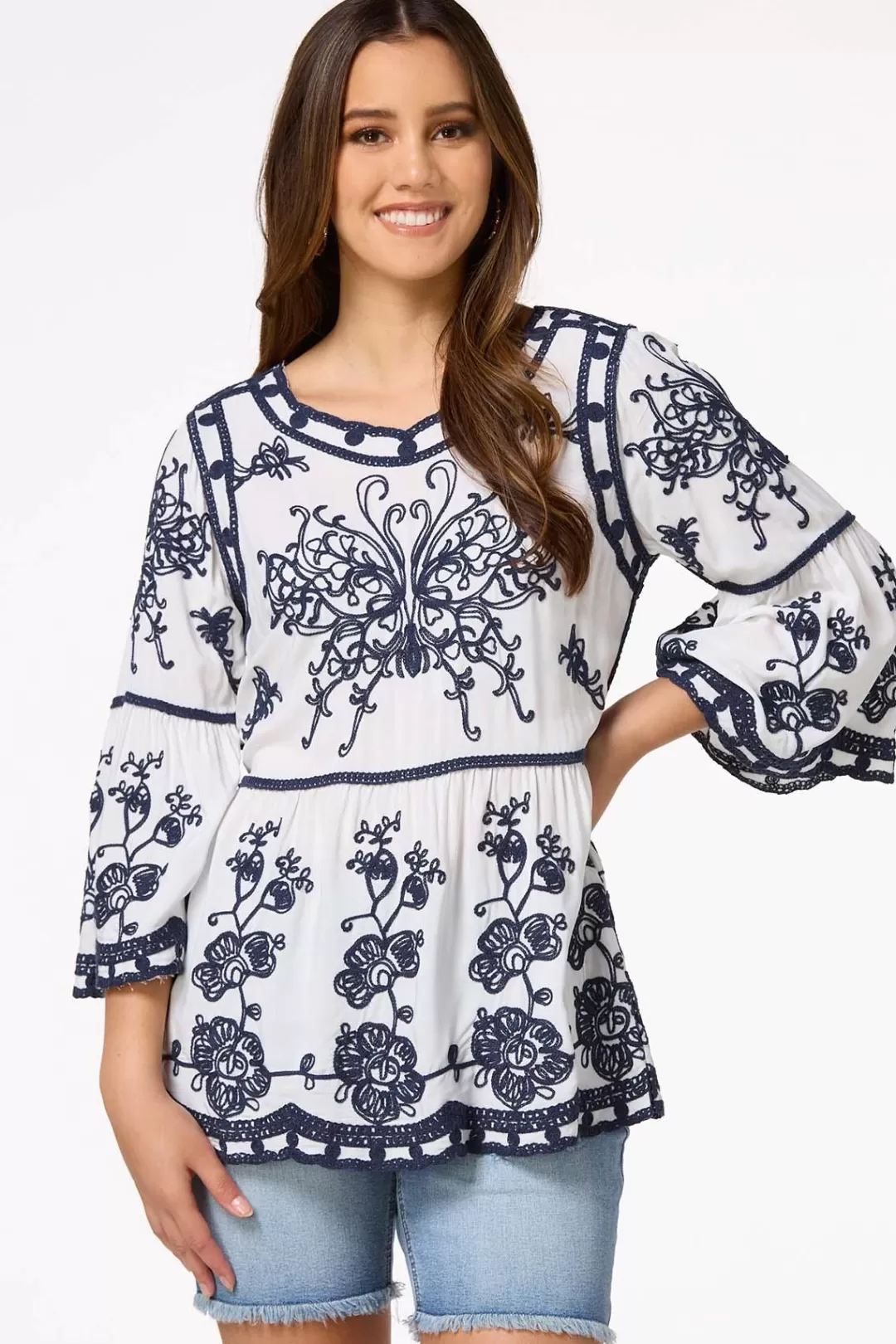 Cato Tops | Embroidered Bell Sleeve Top