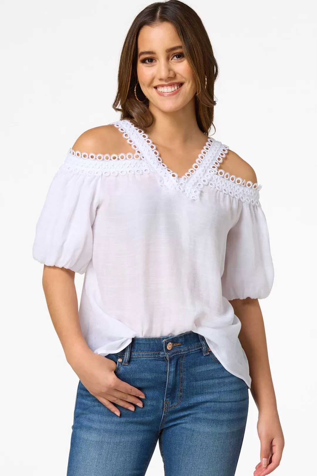 Cato Tops | Embroidered Cold Shoulder Top