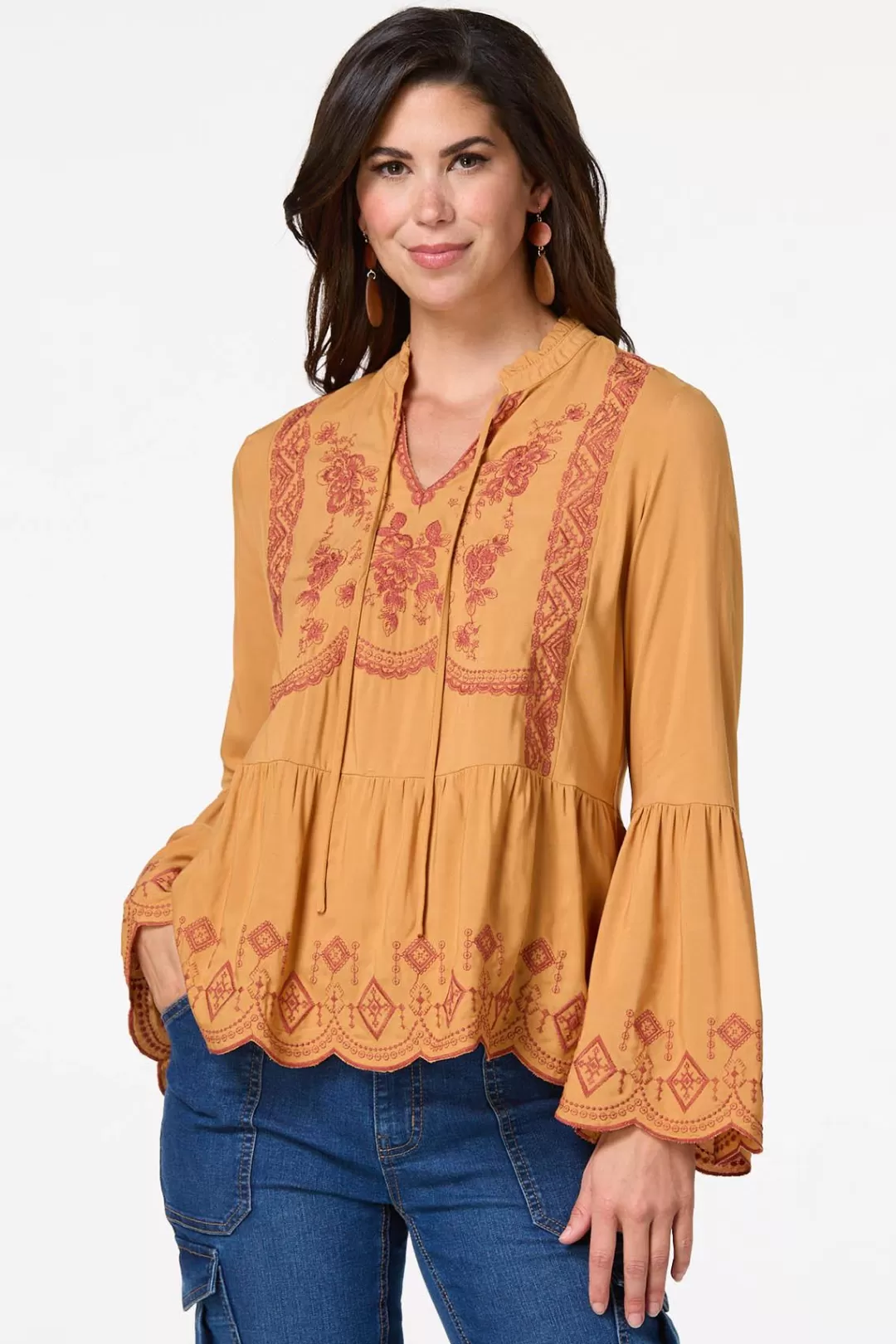 Cato Tops | Embroidered Flare Sleeve Top