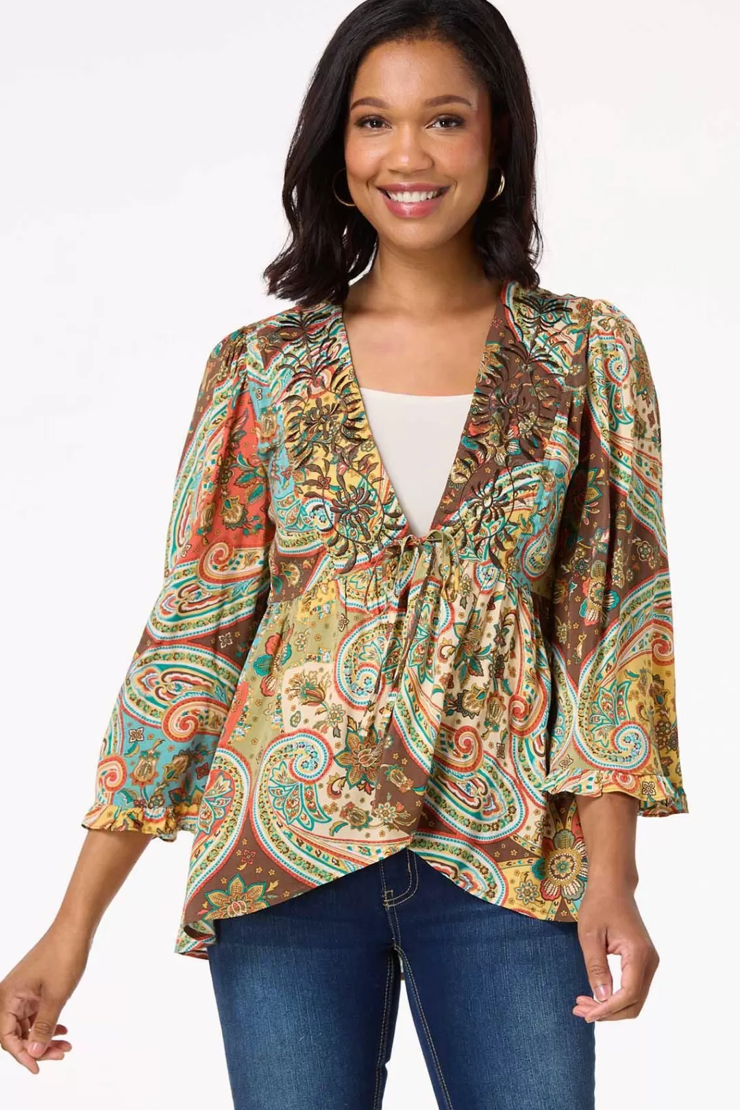 Cato Tops | Embroidered Paisley Tie Front Top