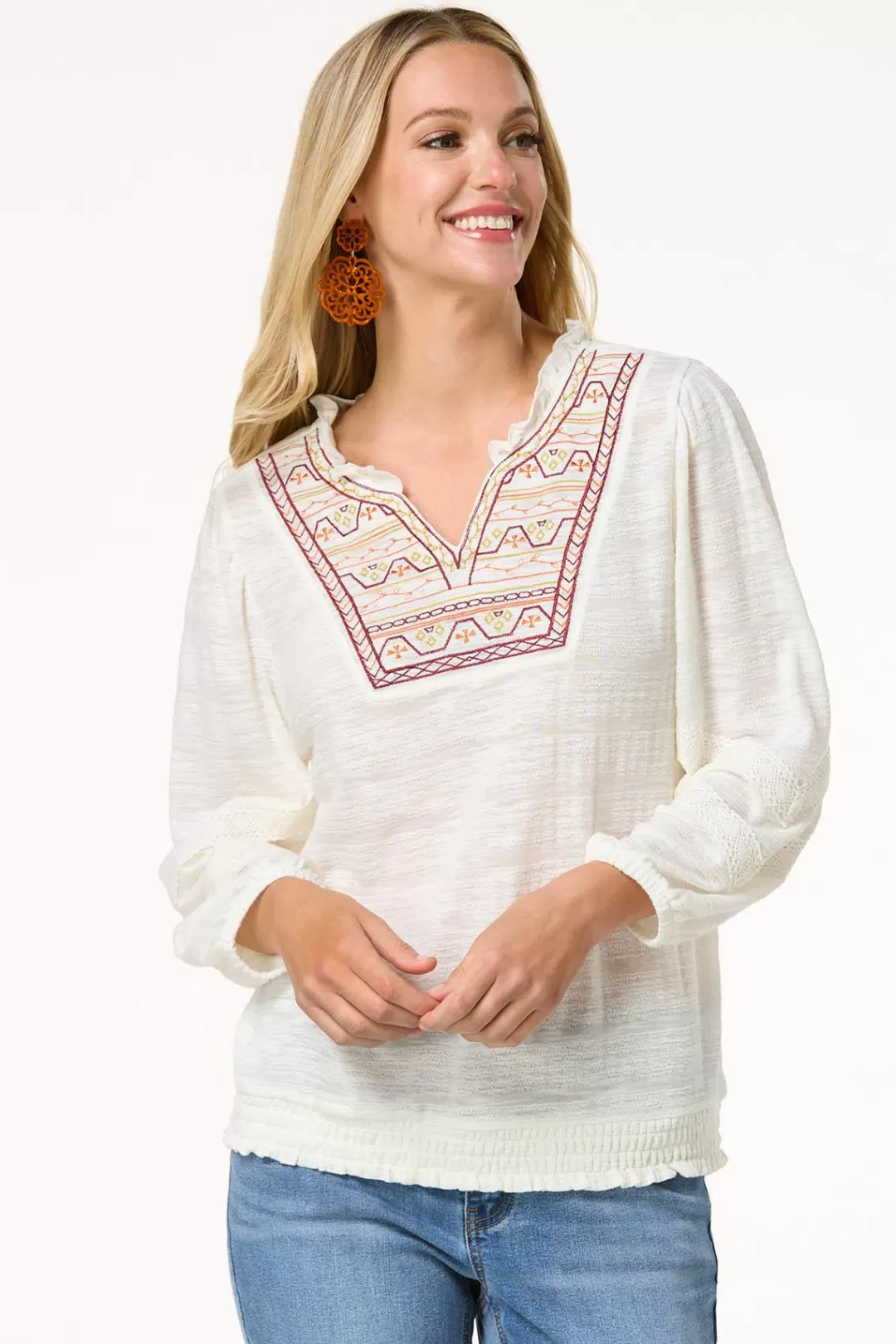 Cato Tops | Embroidered Smocked Top