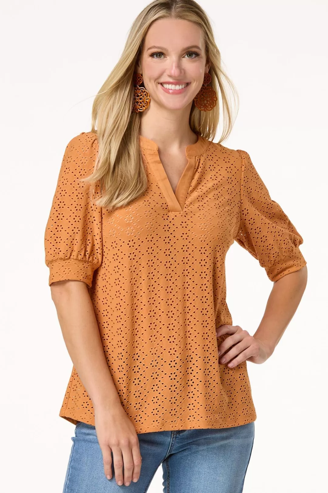 Cato Tops | Eyelet Puff Sleeve Top