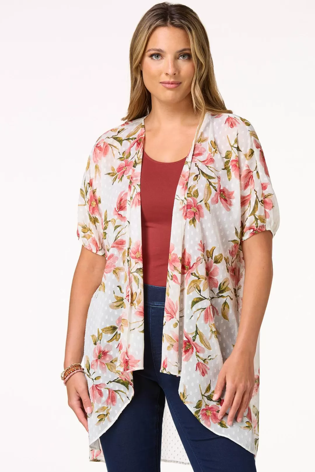 Cato Tops | Floral Clip- Dot Kimono