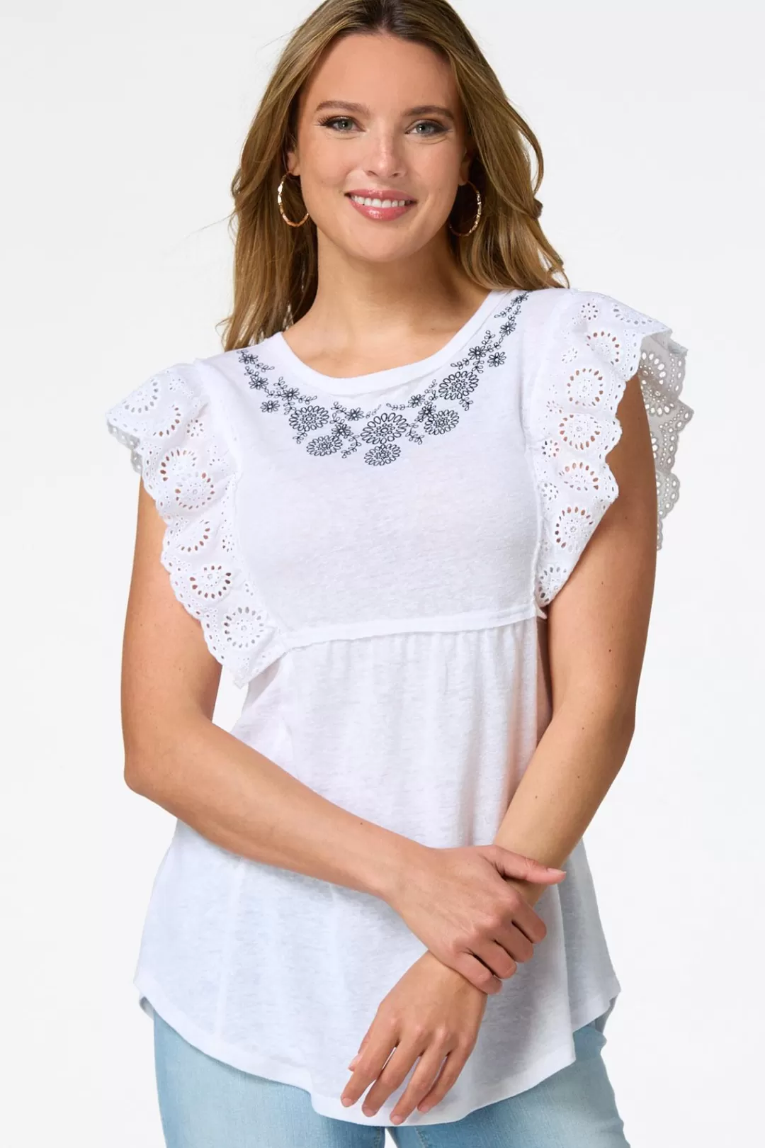 Cato Tops | Floral Embroidered Babydoll Top