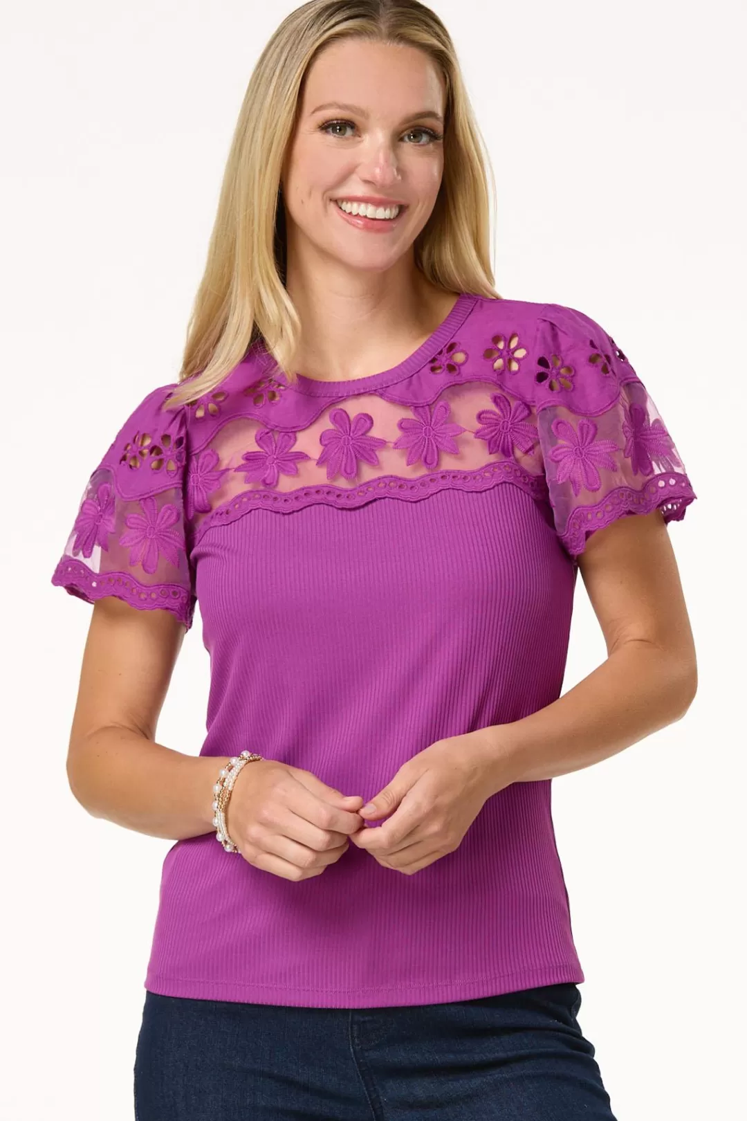 Cato Tops | Floral Embroidered Yoke Top