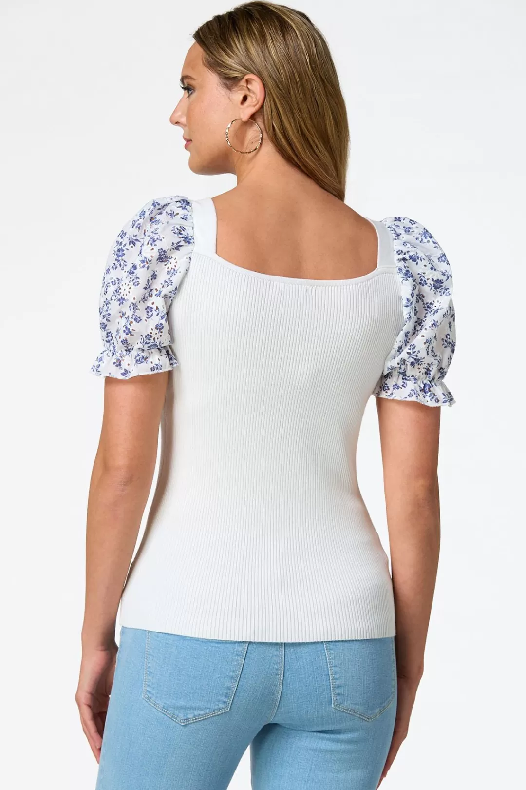 Cato Sweaters | Floral Eyelet Puff Sleeve Sweater