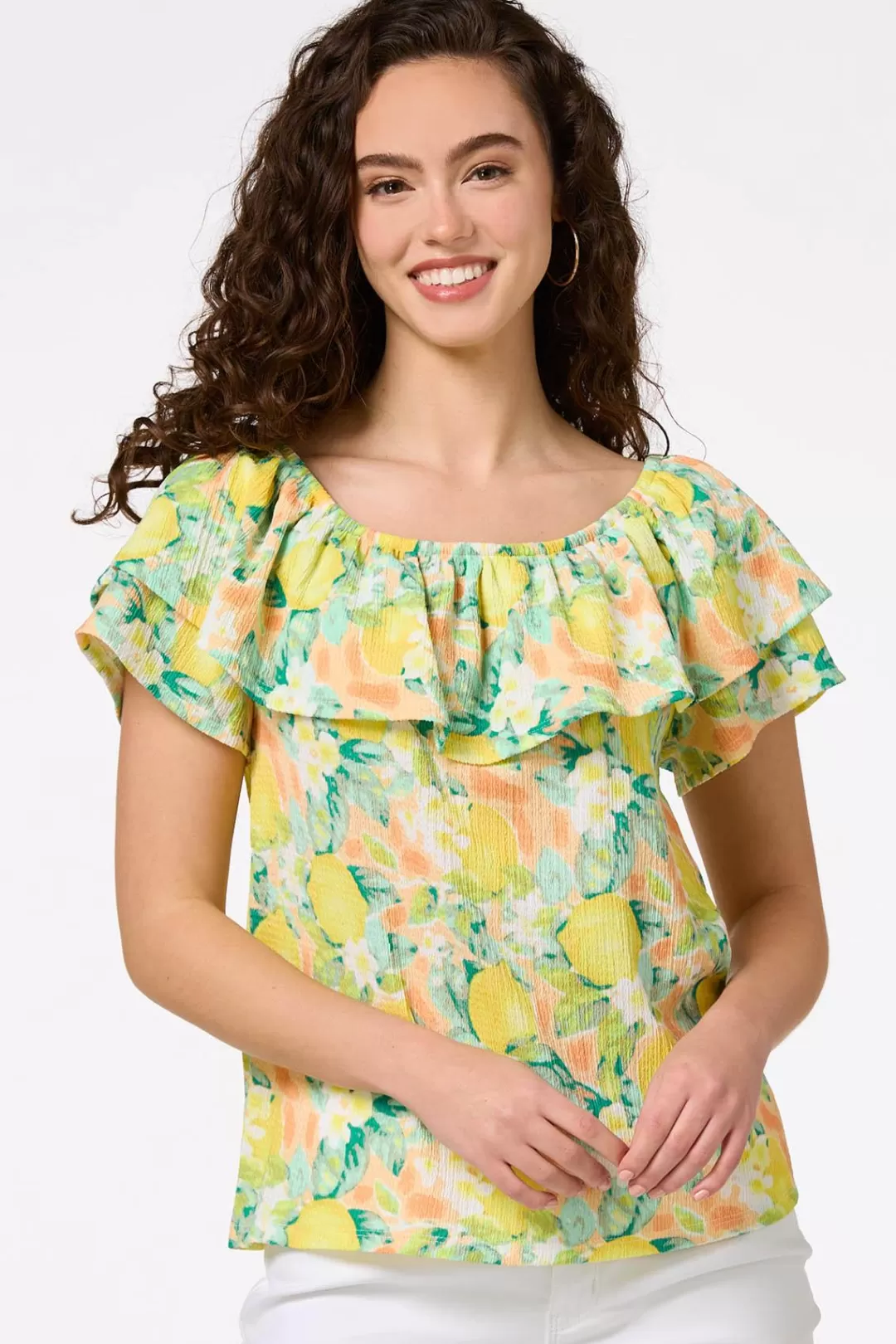 Cato Tops | Flounced Floral Lemon Top