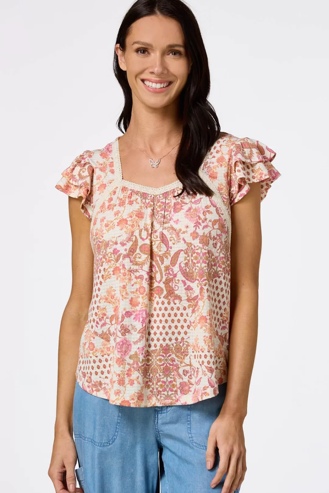 Cato Tops | Flutter Floral Lace Trim Top