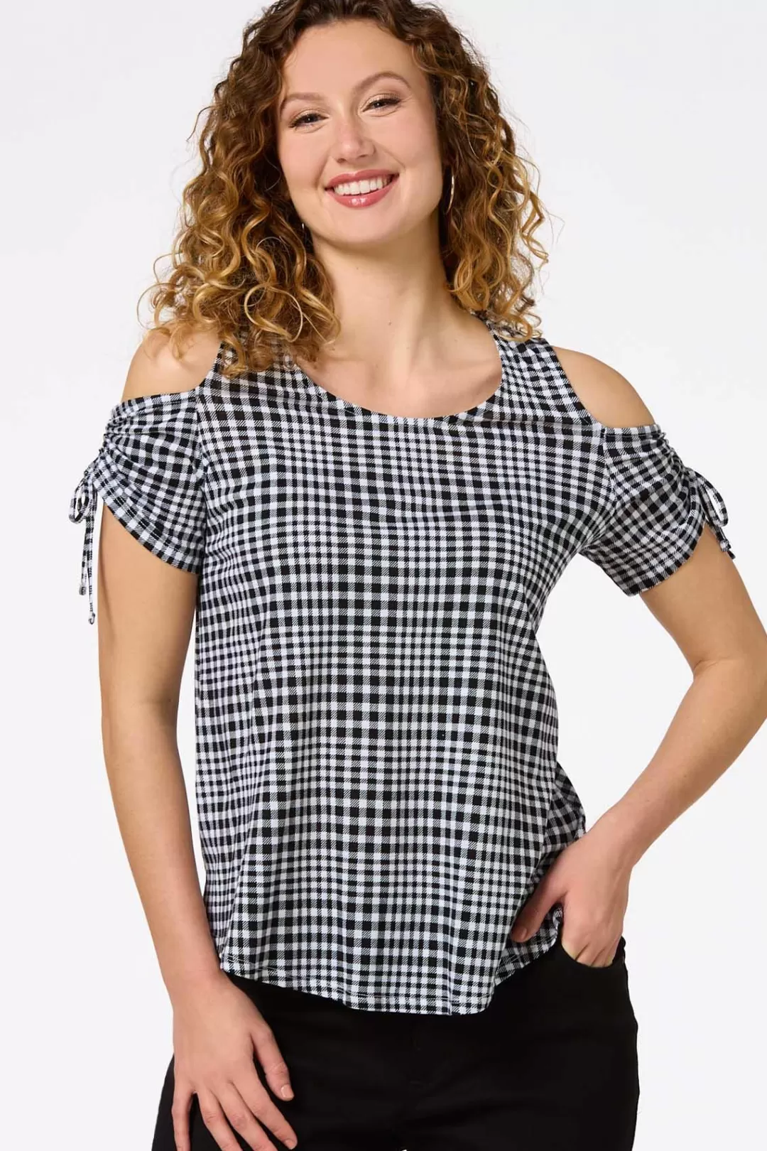 Cato Tops | Gingham Cold Shoulder Top