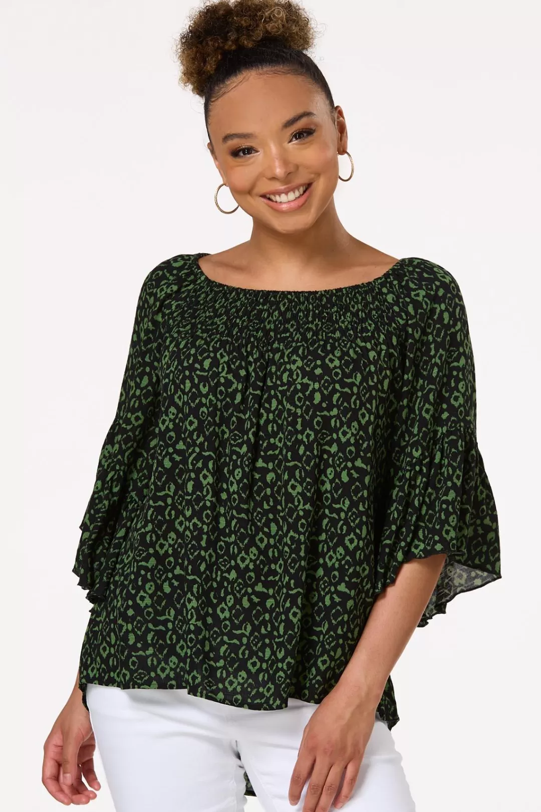 Cato Tops | Green Leopard Poet Top