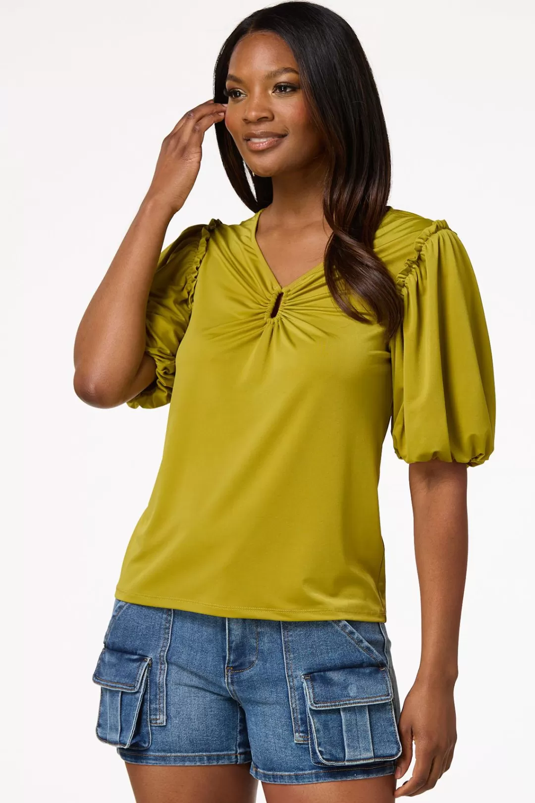 Cato Tops | Green Puff Sleeve Top