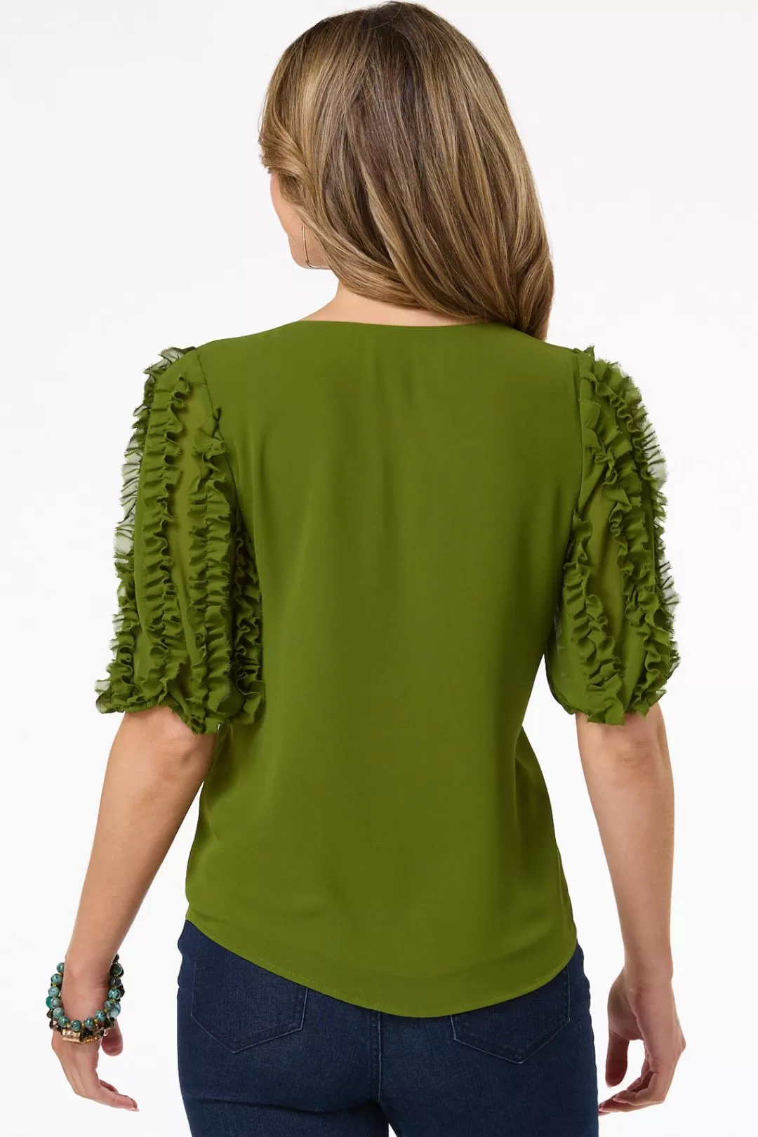 Cato Tops | Green Ruffled Sleeve Top