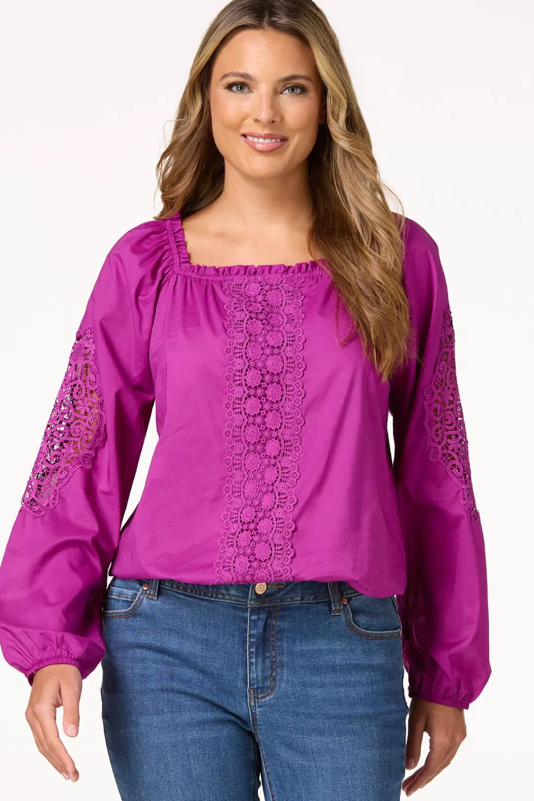 Cato Tops | Lace Panel Balloon Sleeve Top