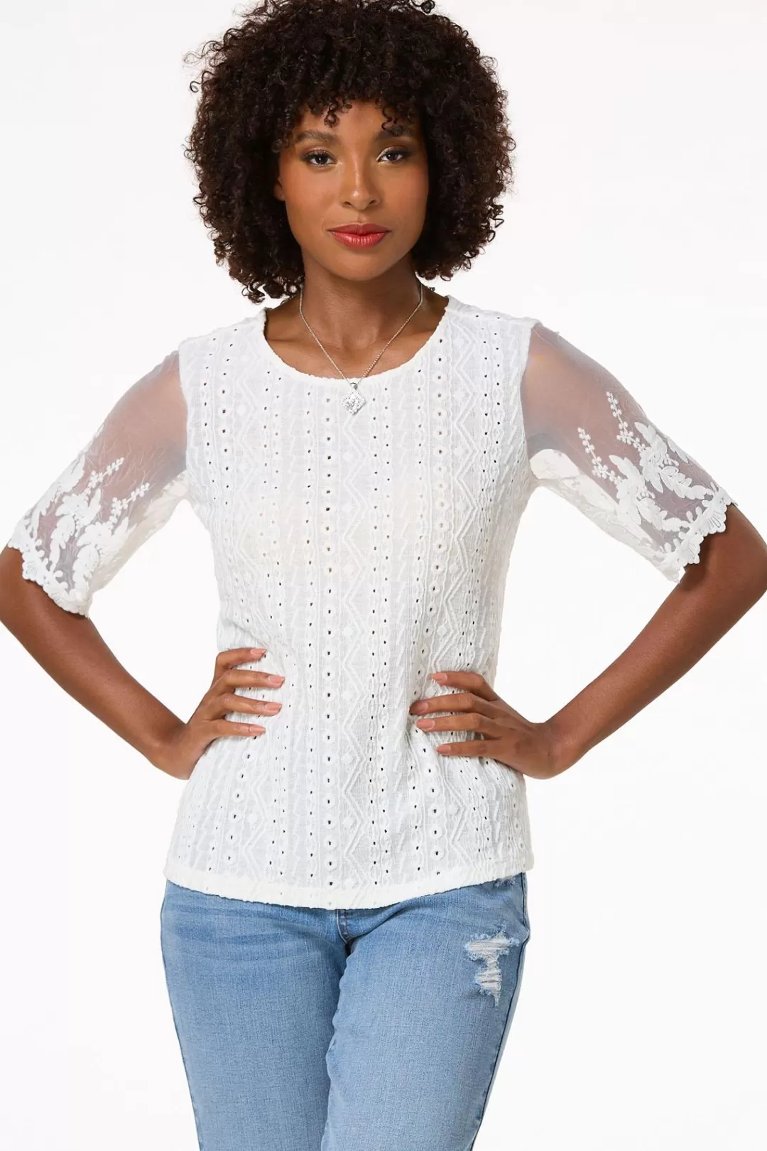 Cato Tops | Lacy Mesh Sleeve Top