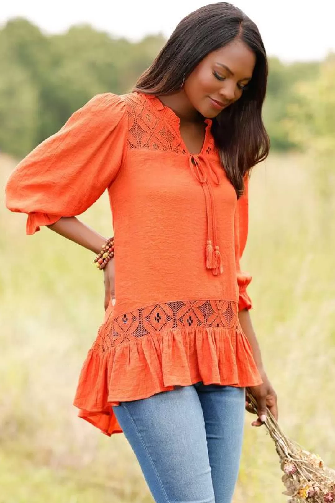 Cato Tops | Lacy Ruffled Crepe Tunic