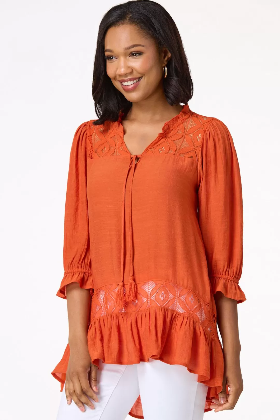 Cato Tops | Lacy Ruffled Crepe Tunic