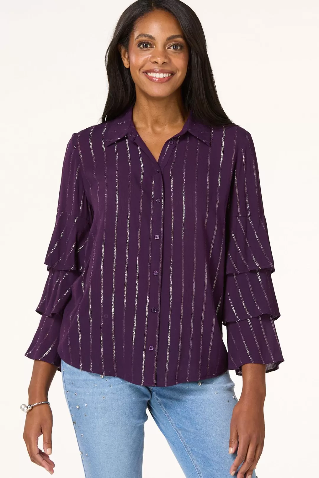 Cato Tops | Metallic Stripe Ruffled Sleeve Shirt