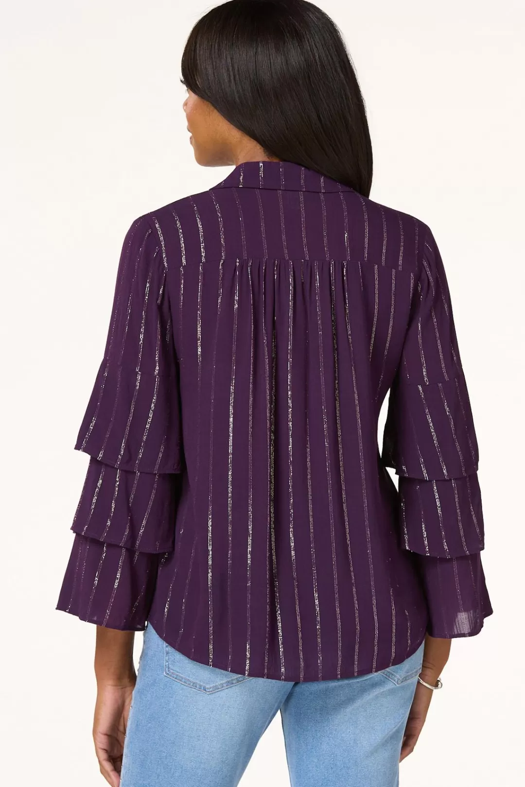 Cato Tops | Metallic Stripe Ruffled Sleeve Shirt