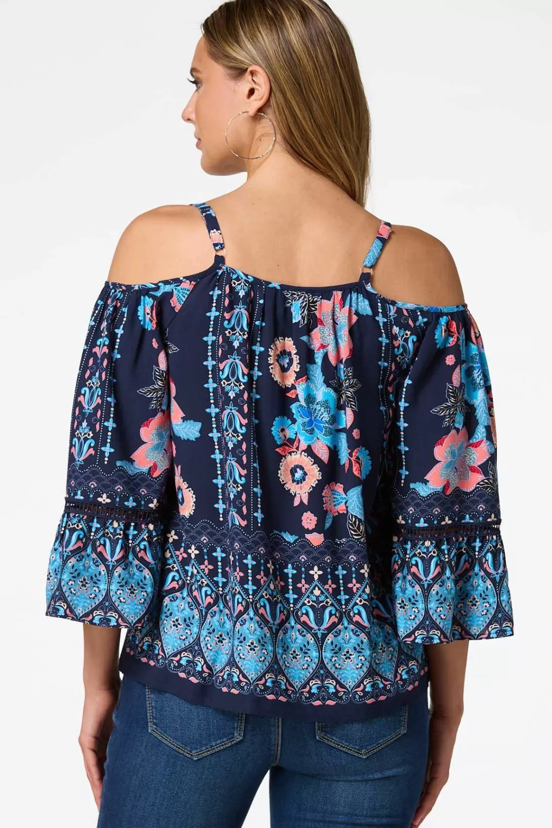 Cato Tops | Navy Floral Cold Shoulder Top