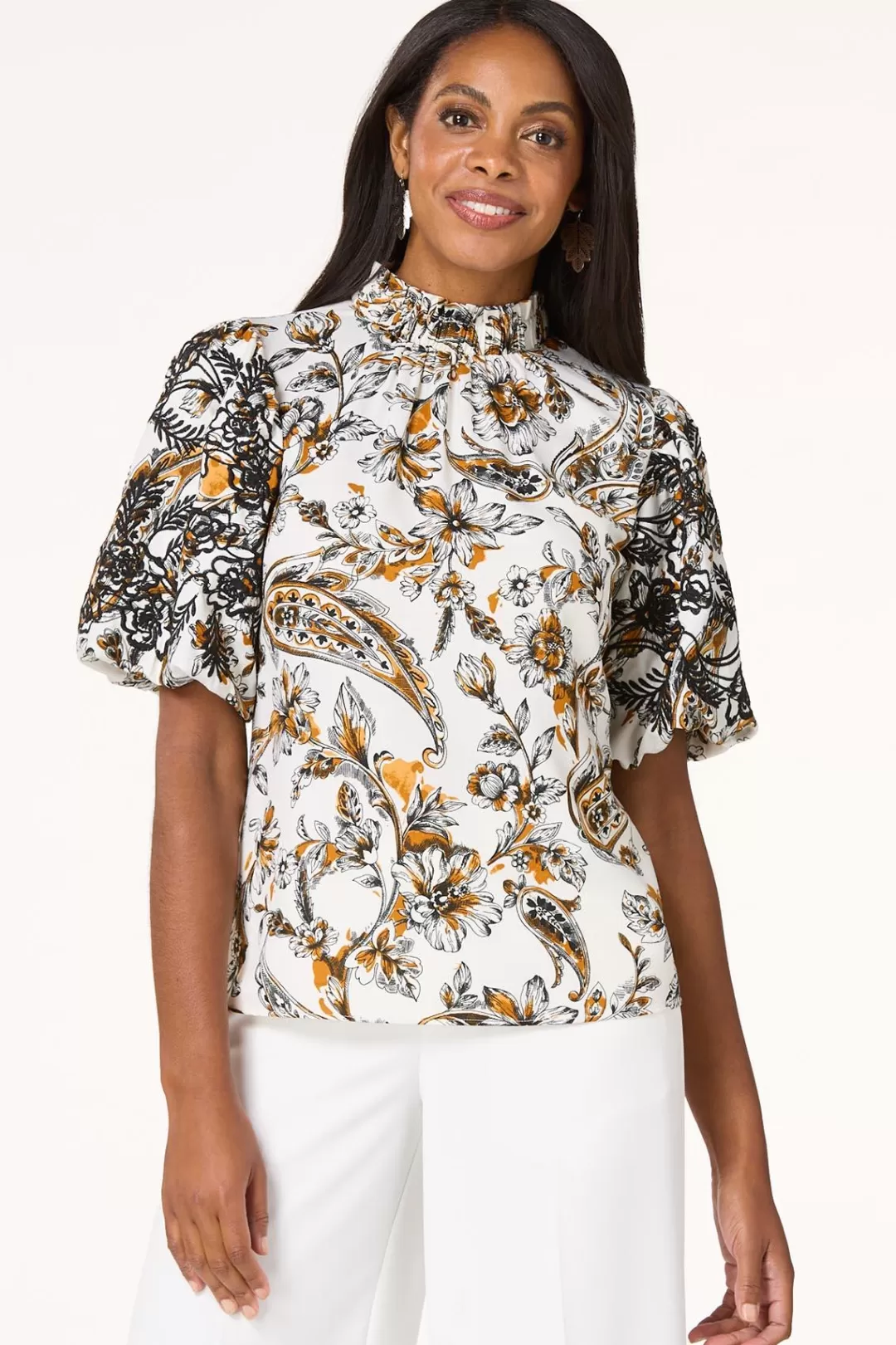 Cato Tops | Paisley Floral Embroidered Sleeve Top