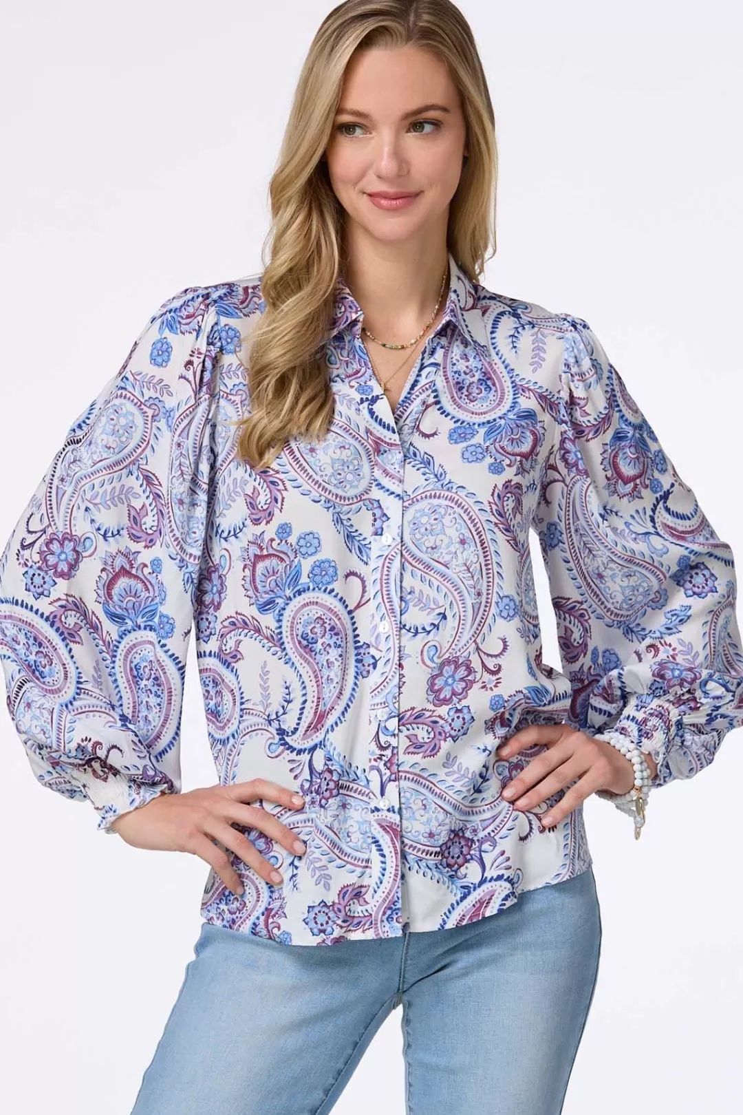 Cato Tops | Paisley Smocked Cuff Shirt