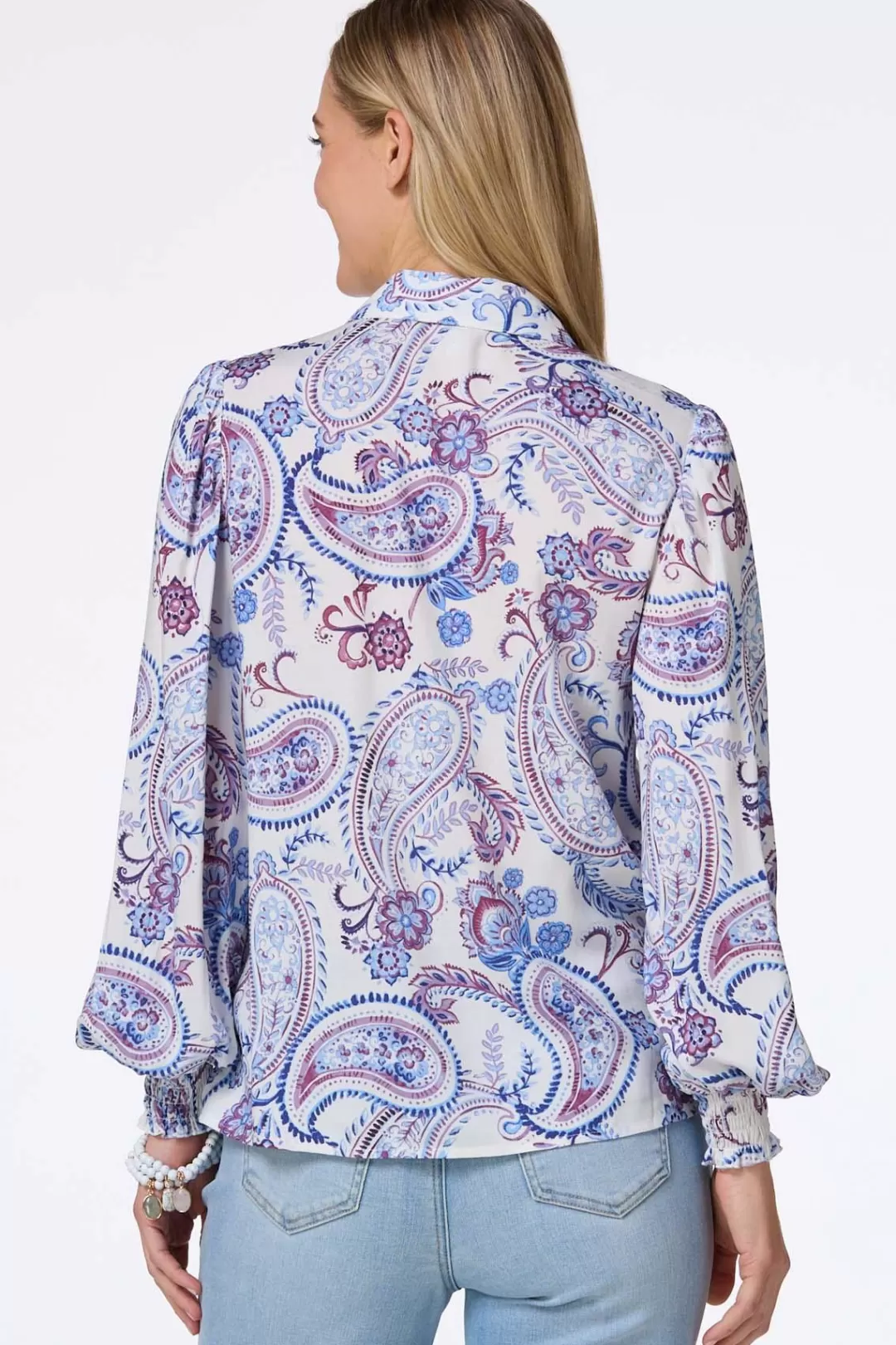 Cato Tops | Paisley Smocked Cuff Shirt