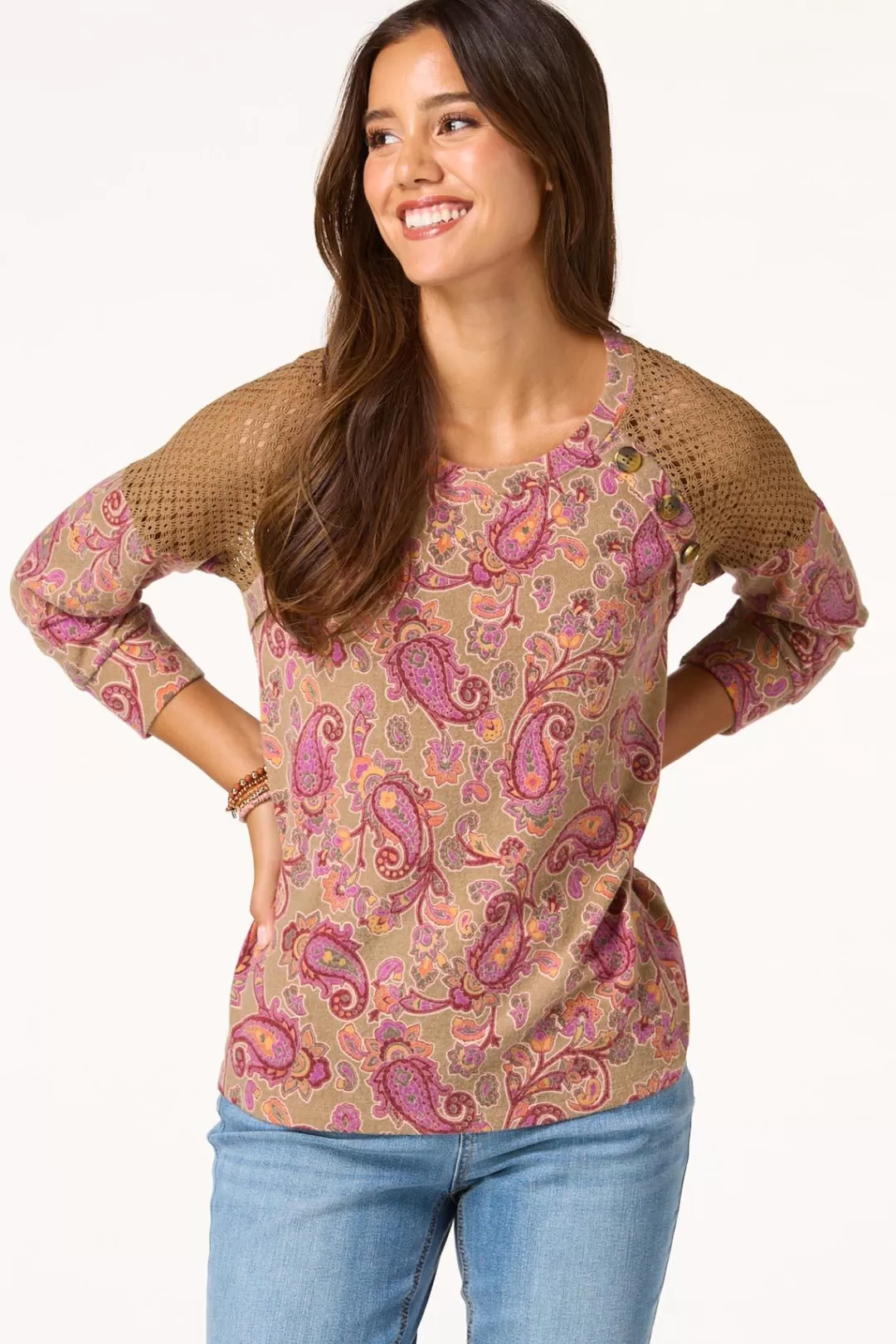 Cato Tops | Paisley Waffle Sleeve Top