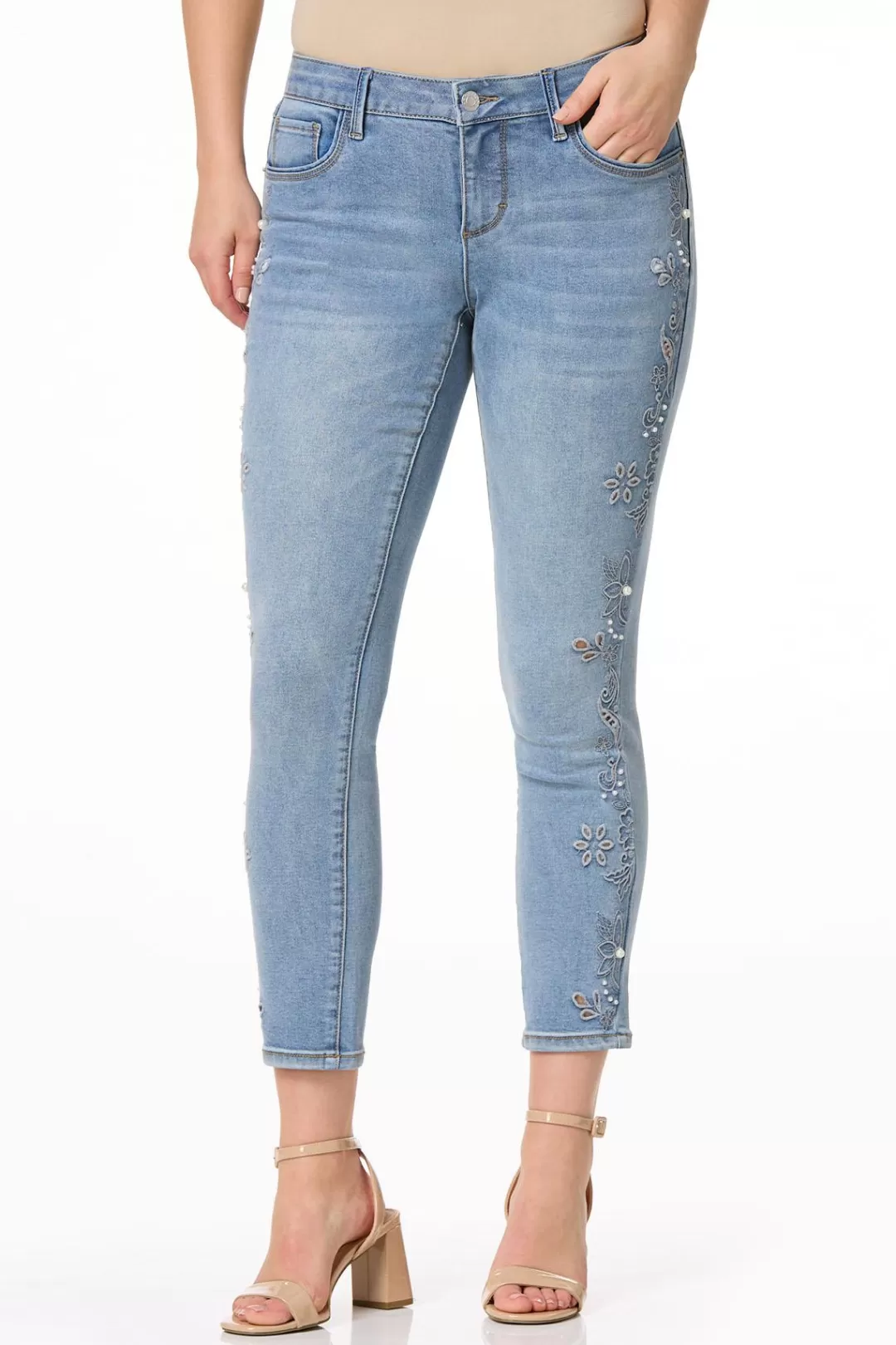 Cato Petites | Jeans | Petite Floral Embroidered Pearl Ankle Jeans