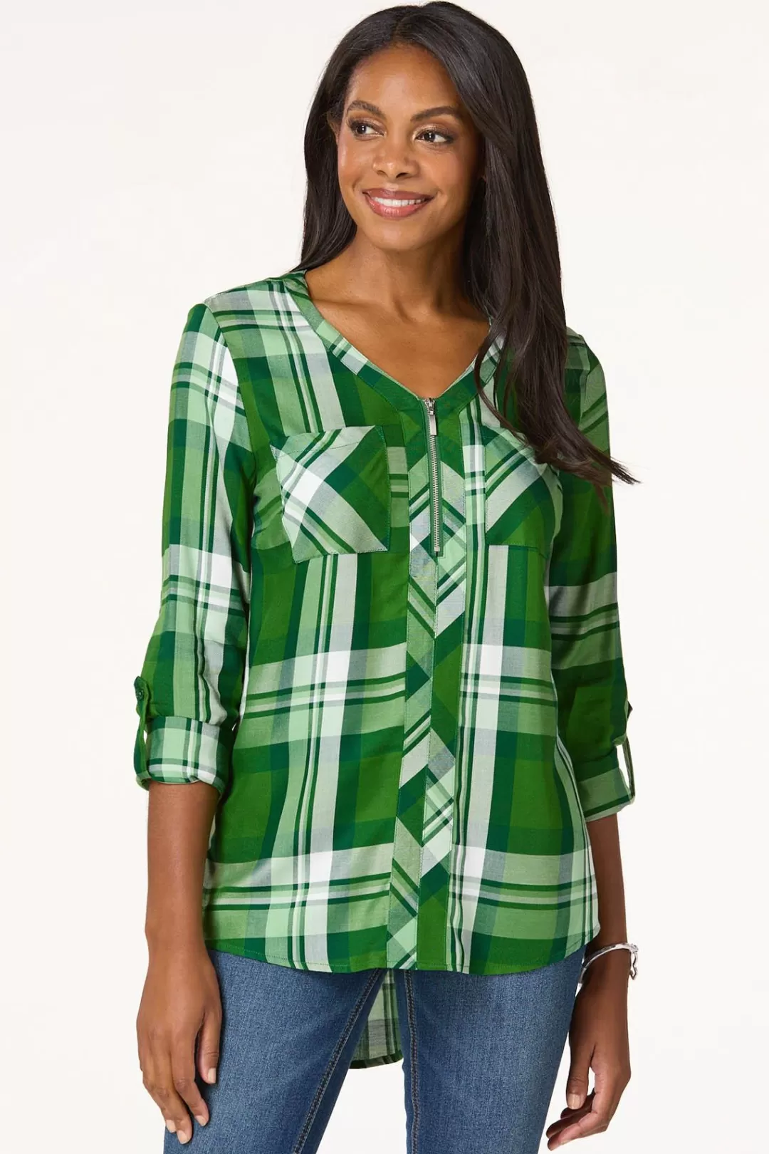 Cato Tops | Plaid Zip Front Equipment Top