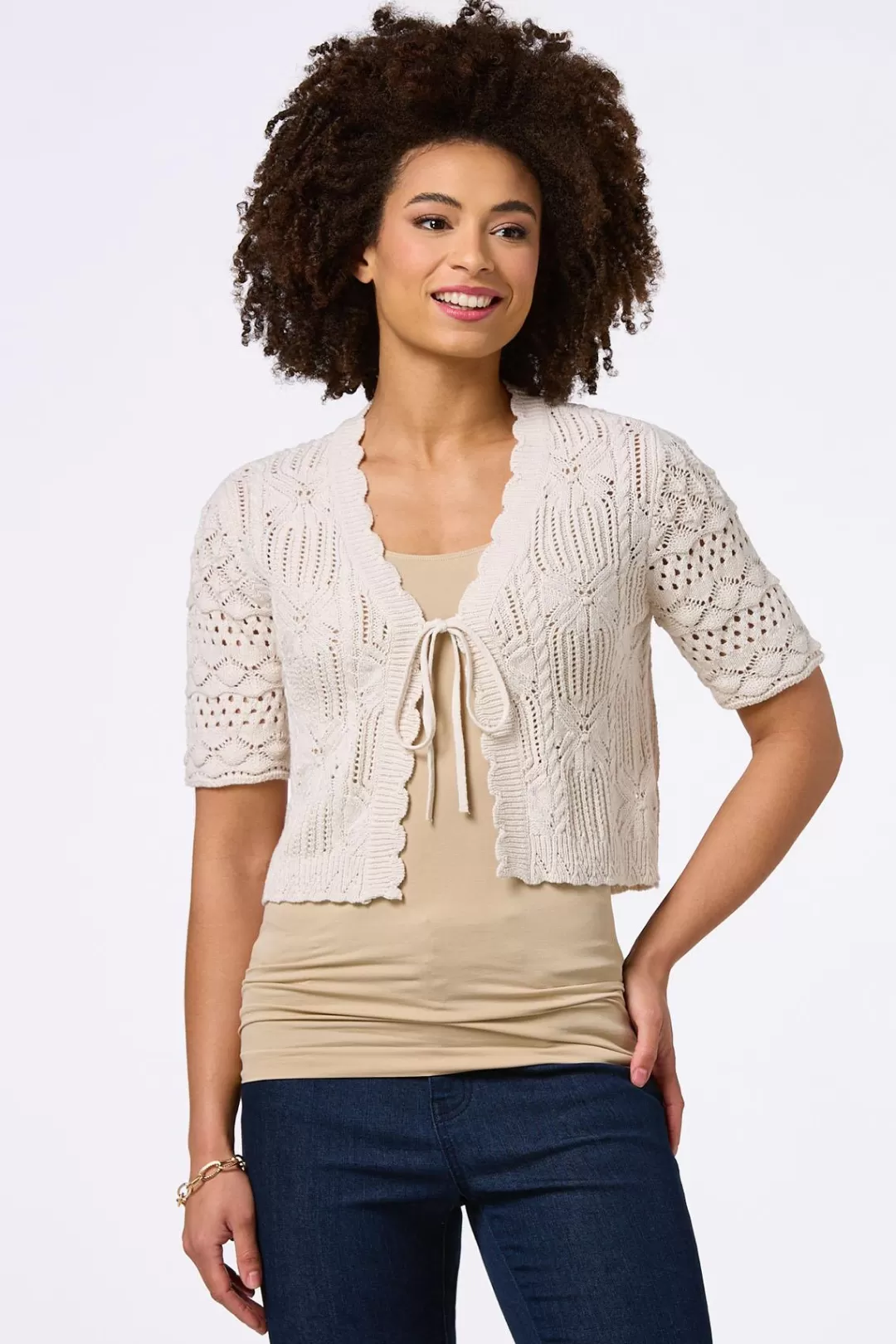 Cato Sweaters | Pointelle Tie Front Cardigan