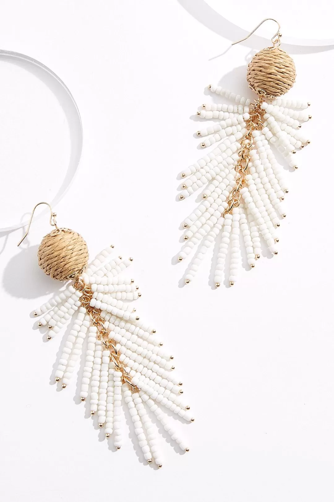 Cato Earrings | Raffia Ball White Bead Fringe Earrings