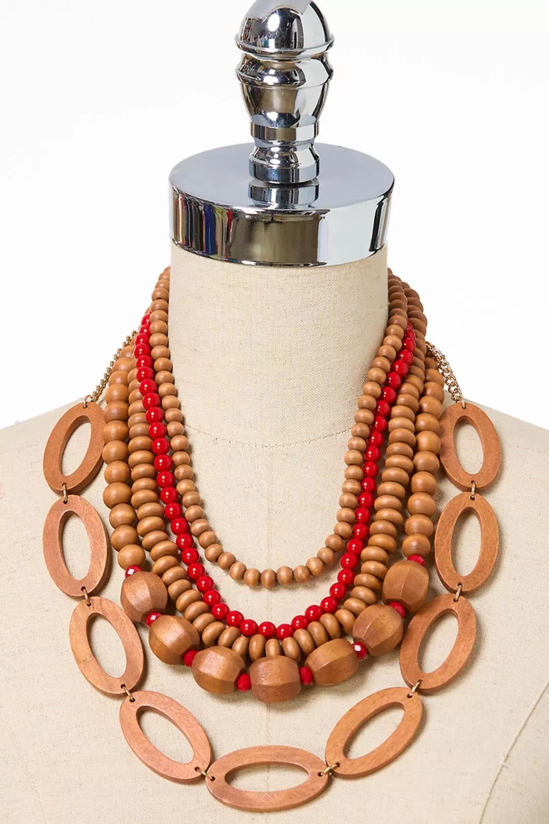 Cato Necklaces | Red Bead Wood Mix Layered Necklace