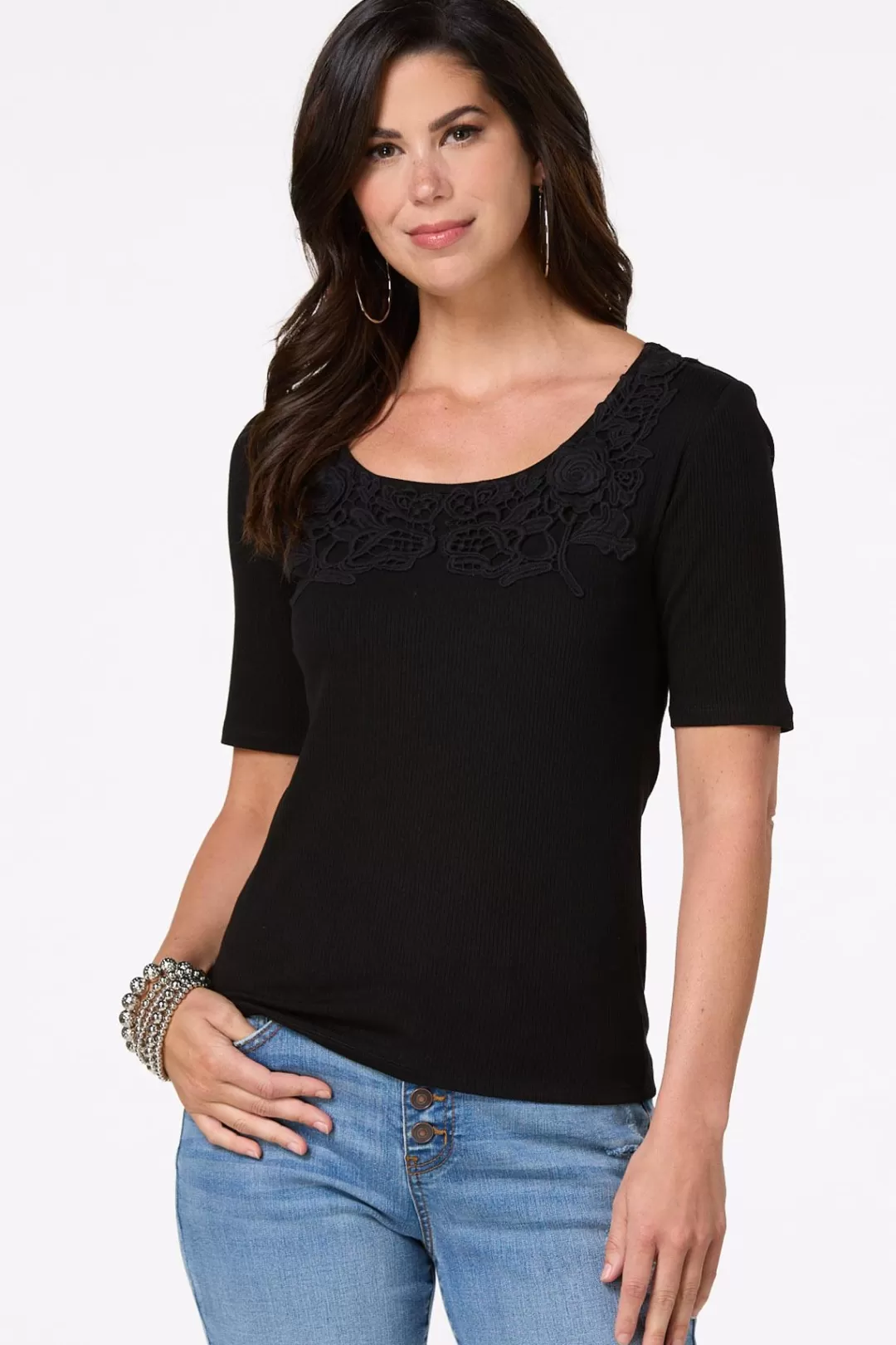 Cato Tops | Ribbed Crochet Trim Top