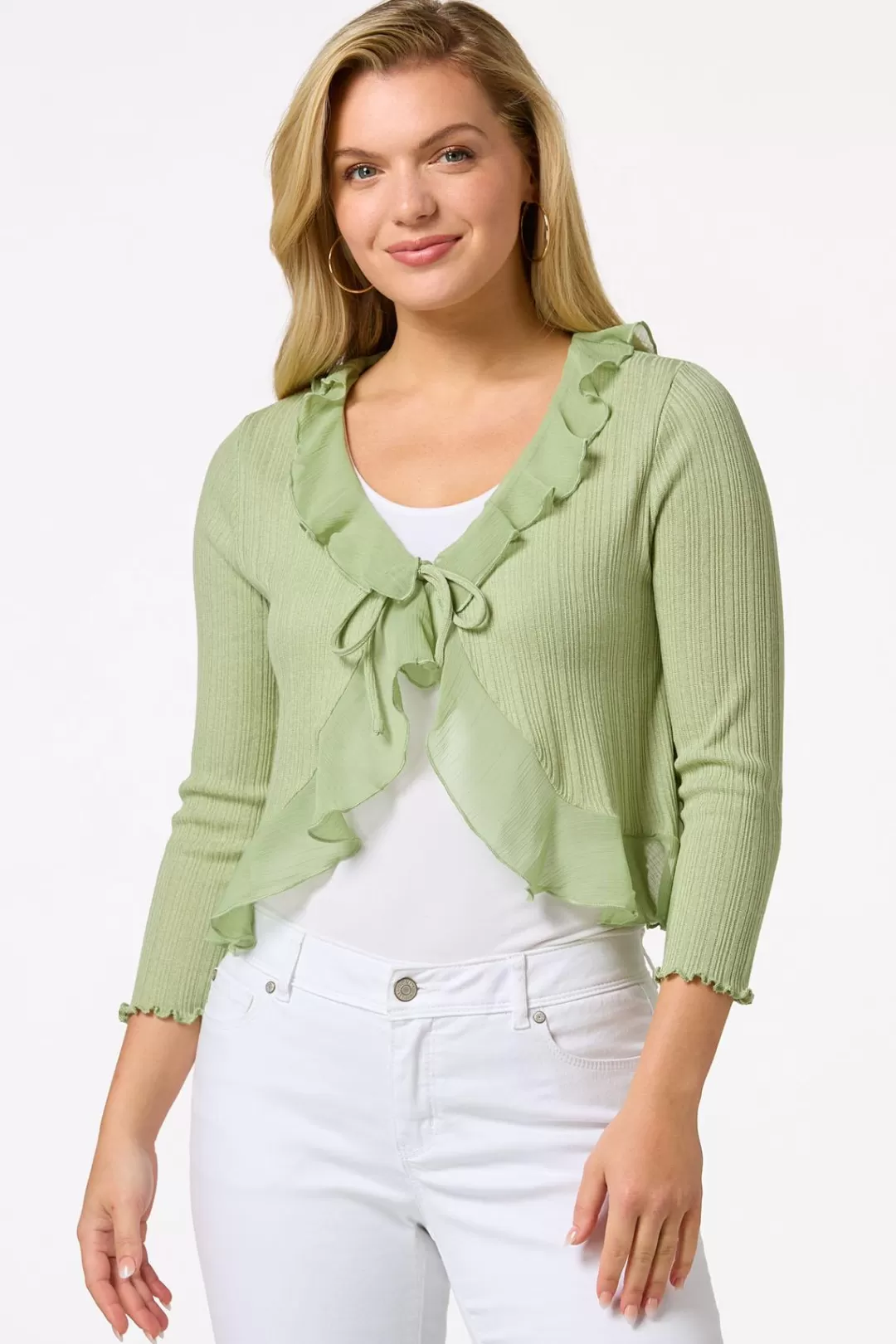 Cato Tops | Ribbed Ruffled Trim Cardigan