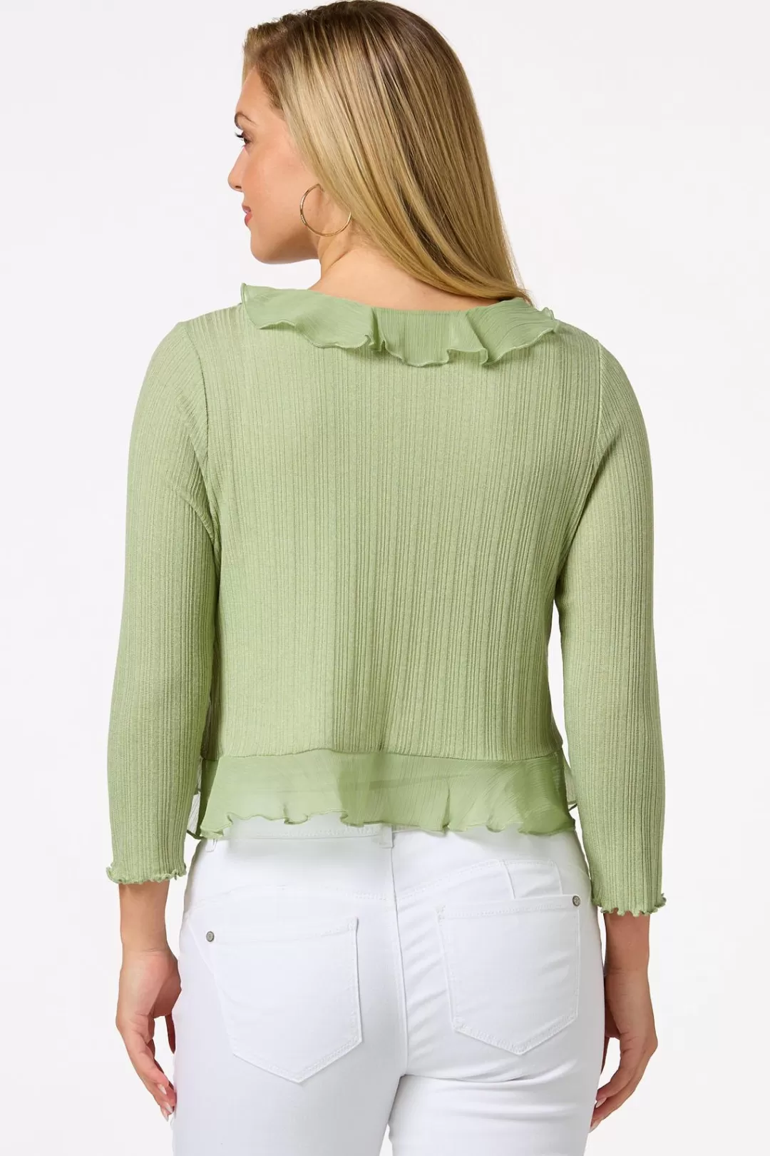 Cato Tops | Ribbed Ruffled Trim Cardigan