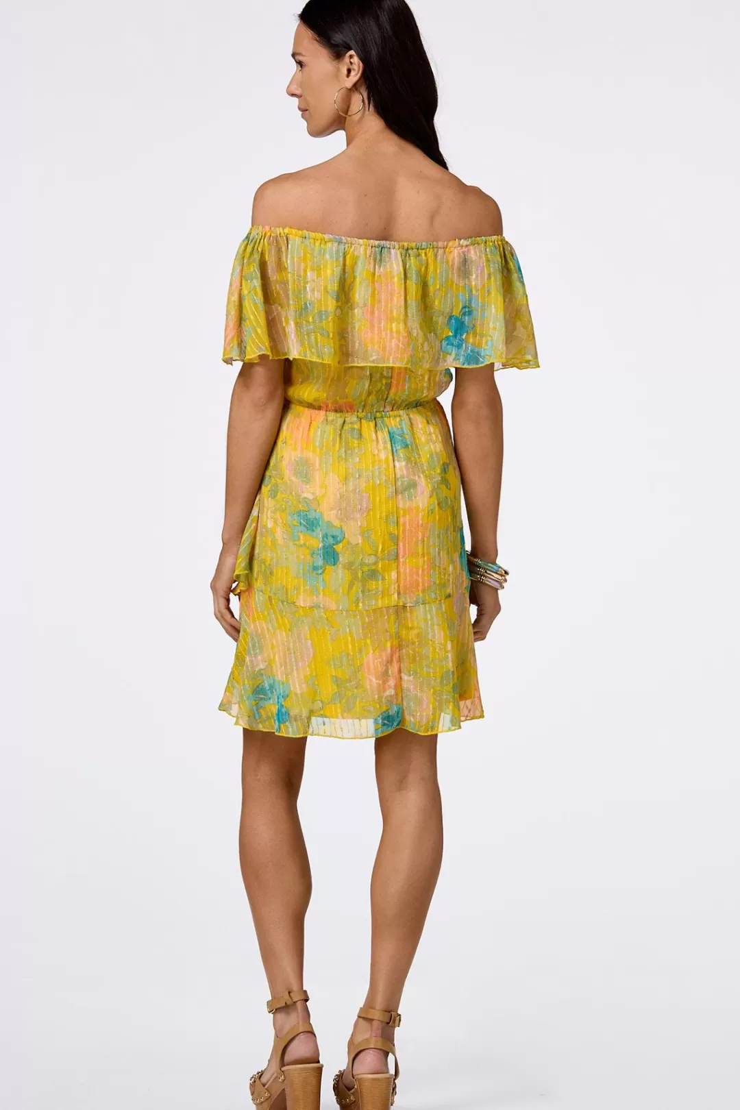 Cato Dresses | Ruffled Gold Floral Dress